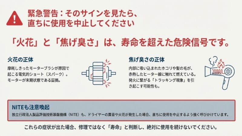 「緊急警告」と書かれたスライド。モーターのブラシ摩耗によるスパーク（火花）と、ホコリがヒーターに触れて起きる焦げ臭さのメカニズムを図解し、使用中止を呼びかけている。