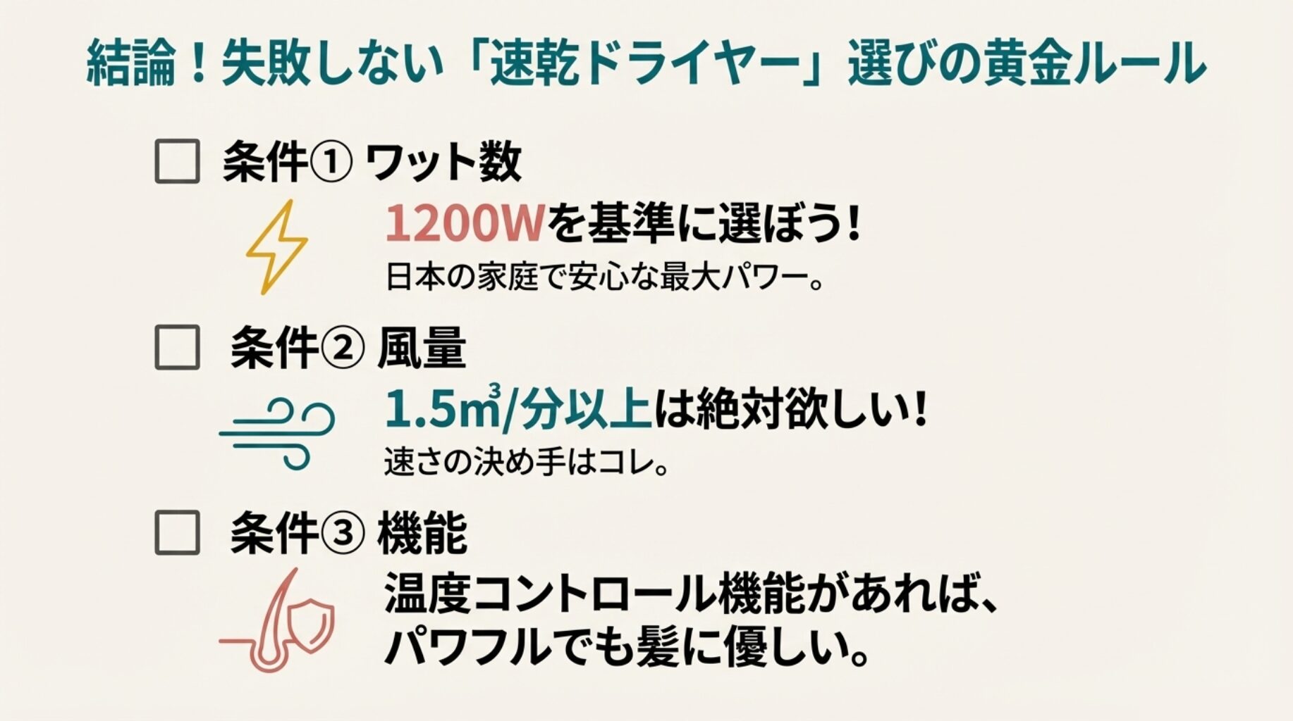 ドライヤー選びの黄金ルールまとめ。1.ワット数は1200W、2.風量は毎分1.5立方メートル以上、3.温度コントロール機能付き、という3つの条件を推奨している。