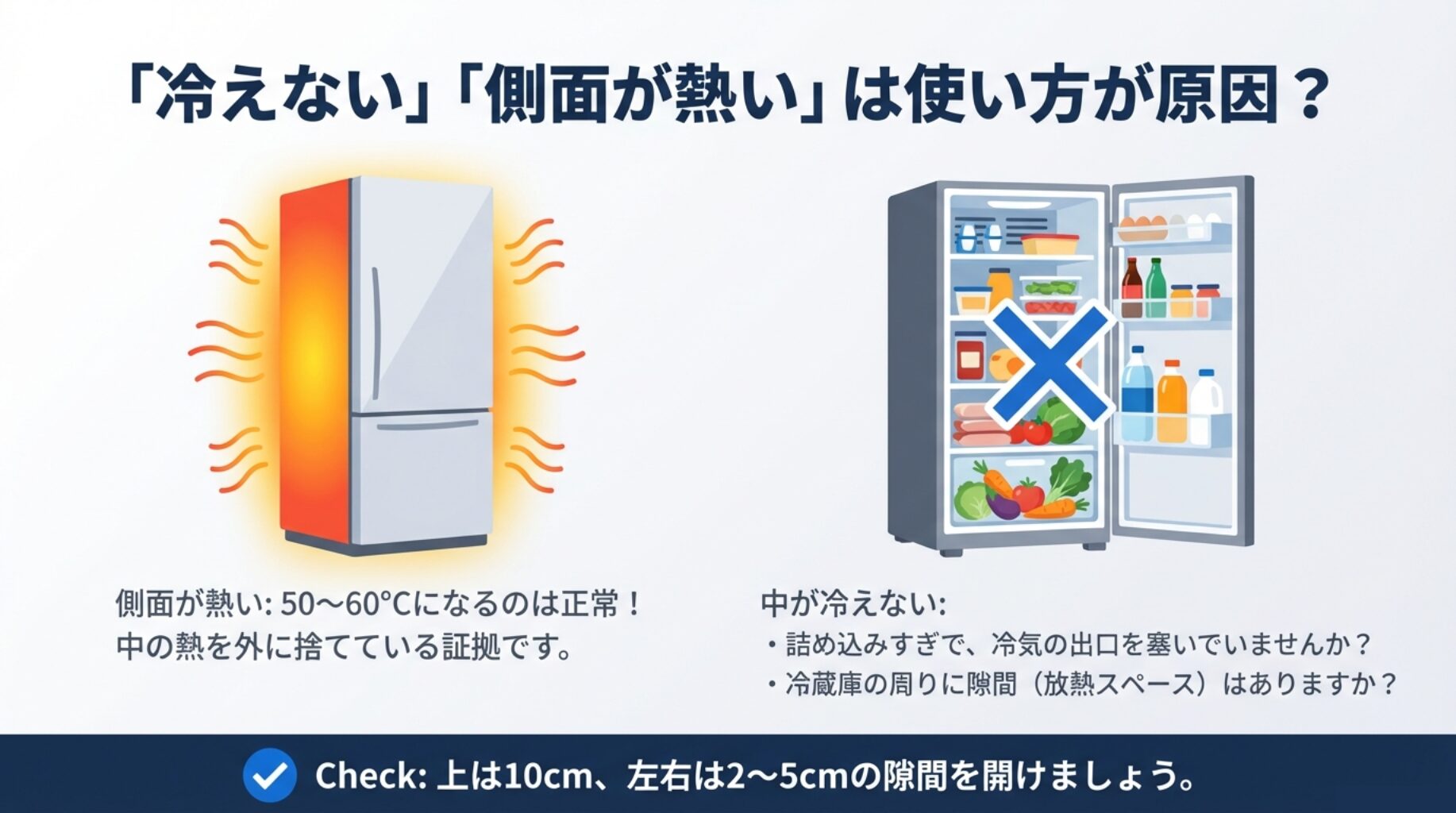 冷蔵庫の側面が熱くなるのは正常な放熱である解説と、庫内の詰め込みすぎによる冷気遮断のNG例を示すイラスト
