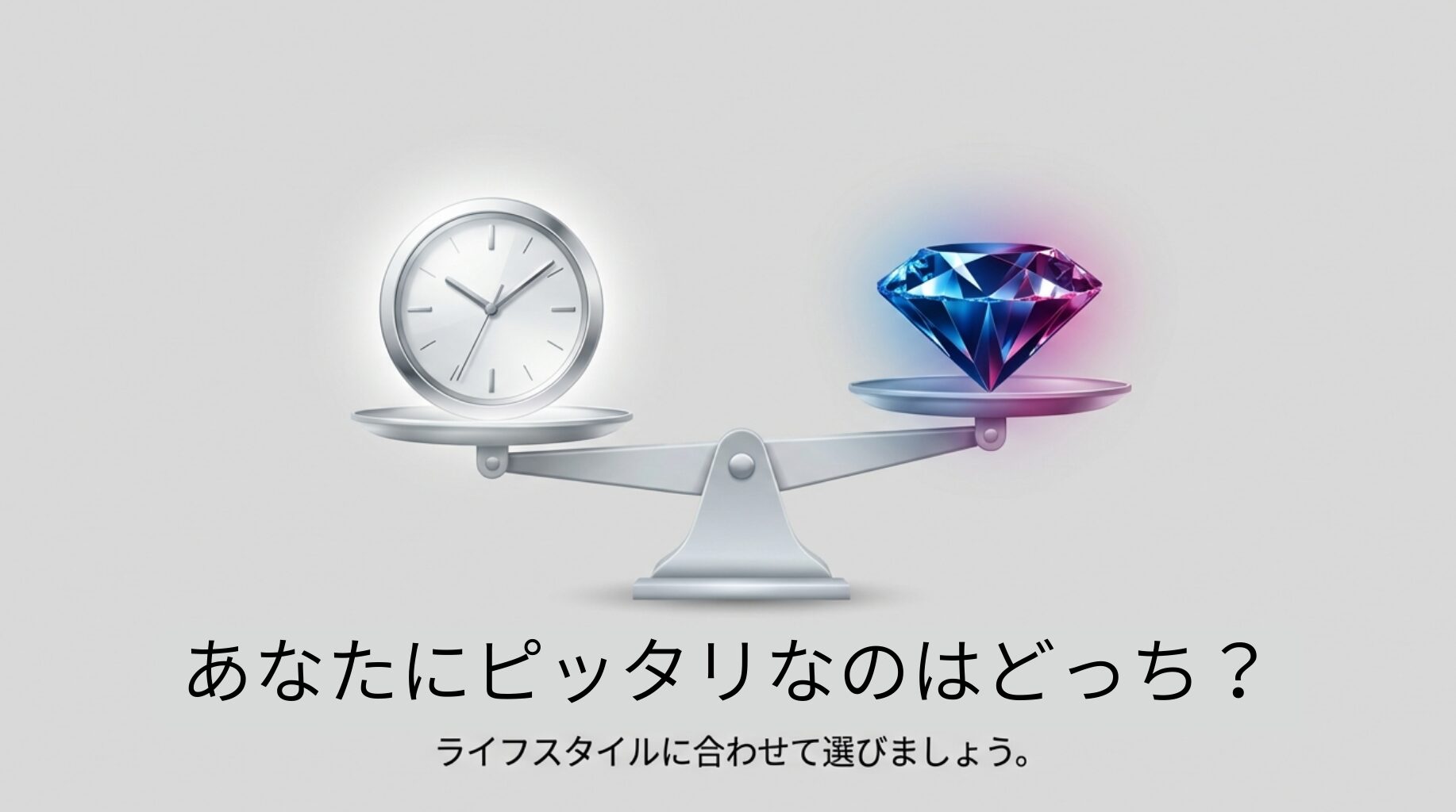 時間（時計）と価値（ダイヤモンド）の天秤。「あなたはどちらを買うべき？」という問いかけと、ライフスタイルに合わせて選ぶ重要性を示したスライド