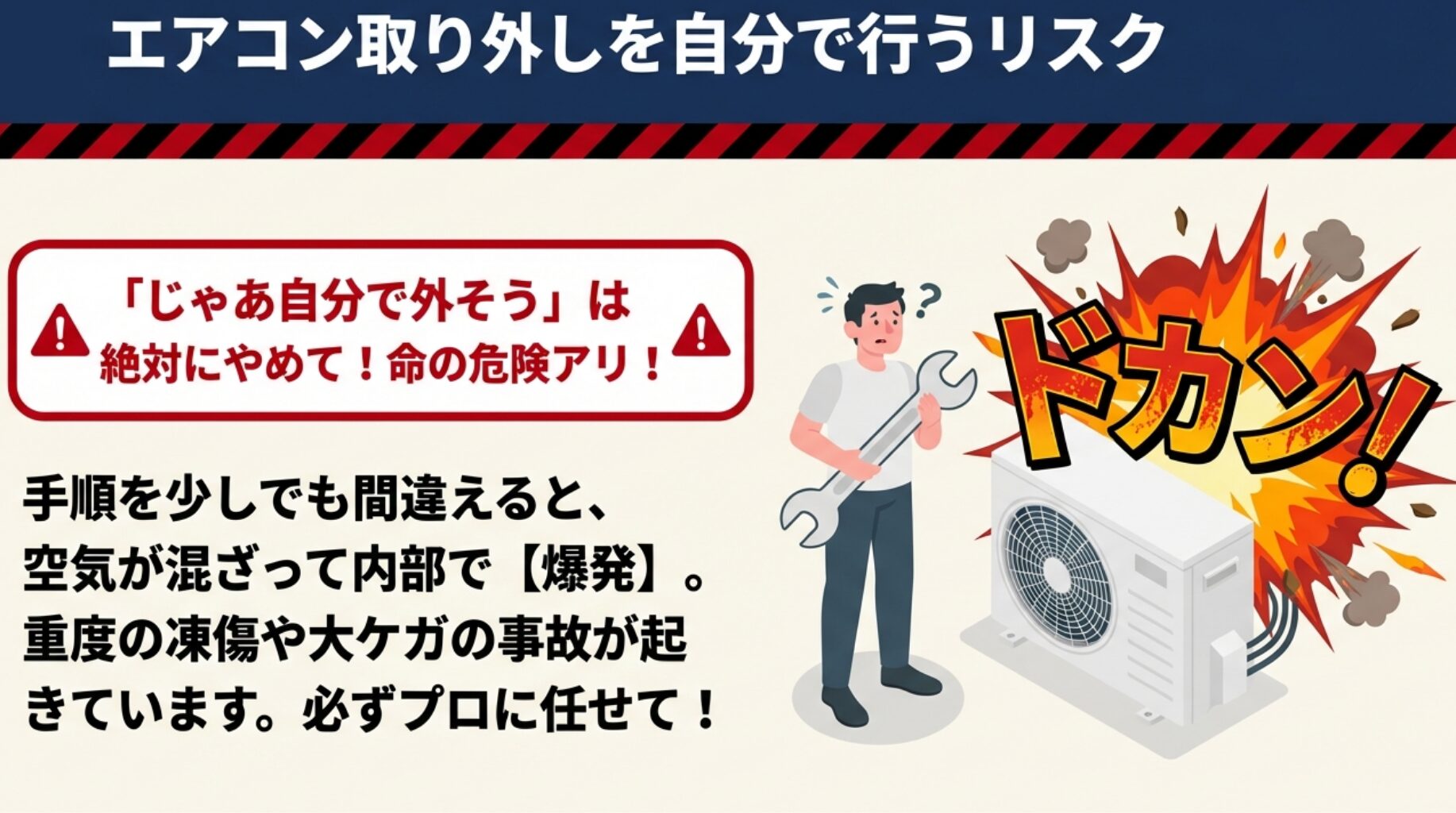 手順を間違えると空気が混ざり 、内部でドカンと爆発する命の危険があることを警告するスライド