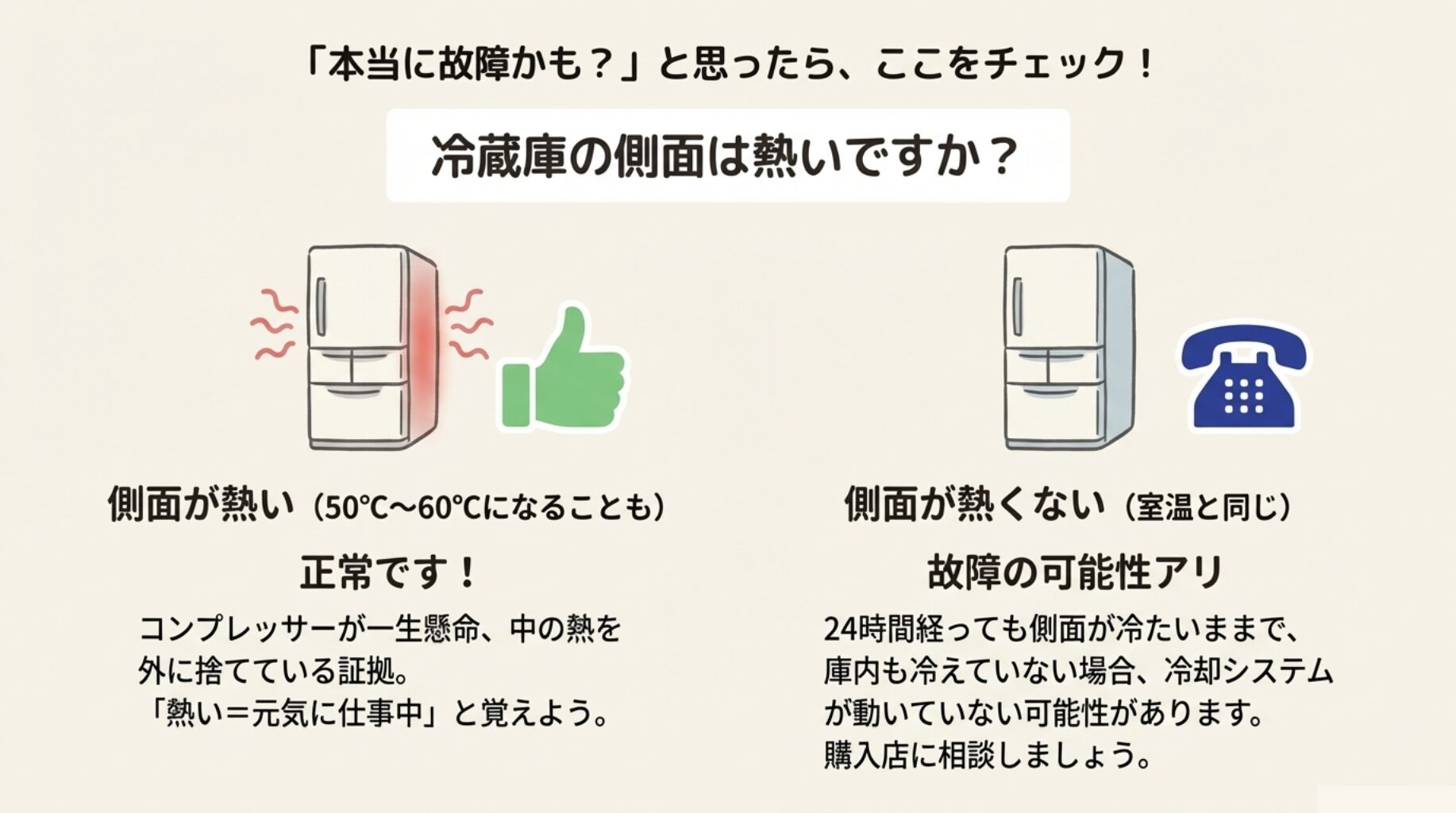 冷蔵庫の側面が熱いのはコンプレッサーが頑張っている証拠であり、逆に冷たい場合は故障の可能性があることを示したフローチャート。