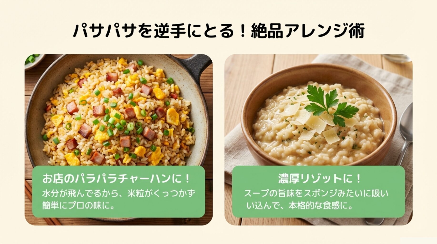 水分が抜けたご飯の特性を活かしたパラパラチャーハンと、スープを吸った濃厚リゾットの完成イメージ写真。