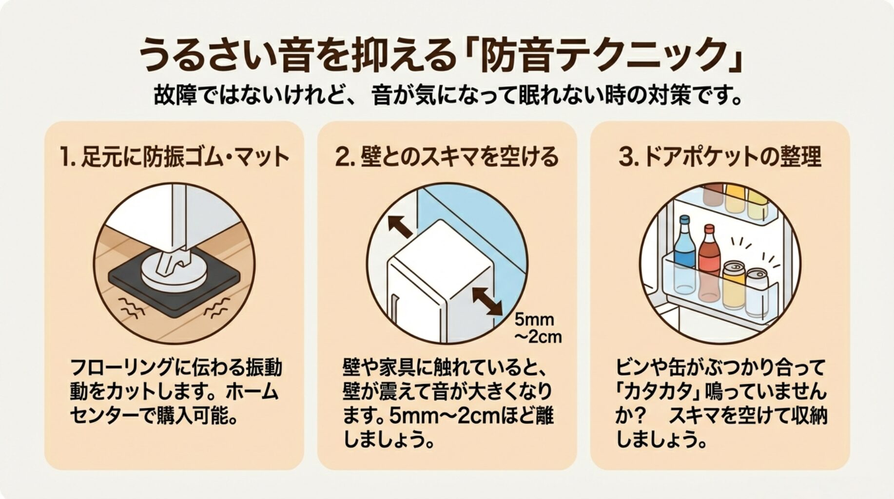 足元の防振ゴム設置、壁との隙間確保、ドアポケットの整理など、騒音対策のイラスト解説。
