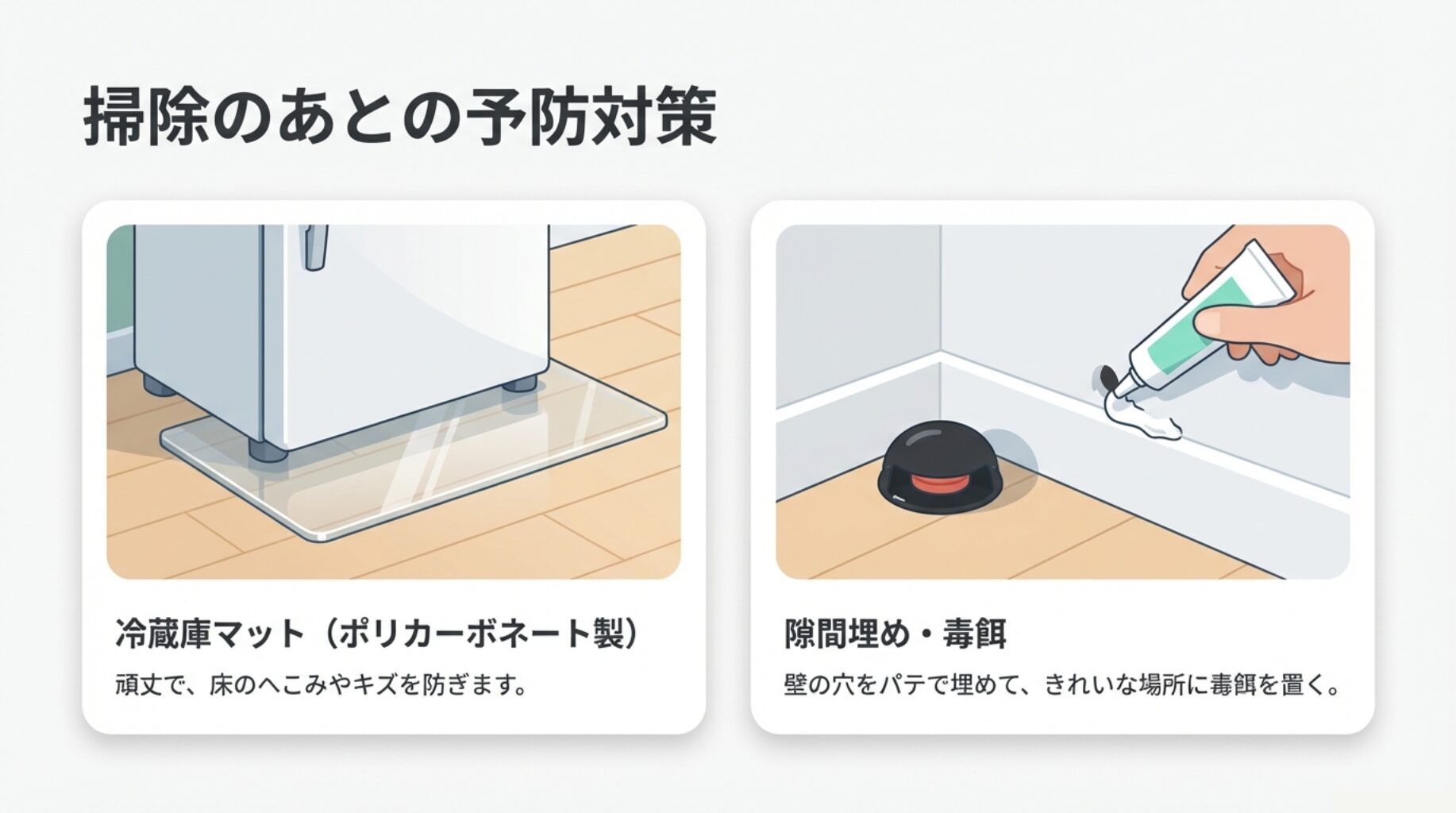 床のキズを防ぐポリカーボネート製冷蔵庫マットと、壁の穴埋めや毒餌設置による害虫侵入防止策のイラスト