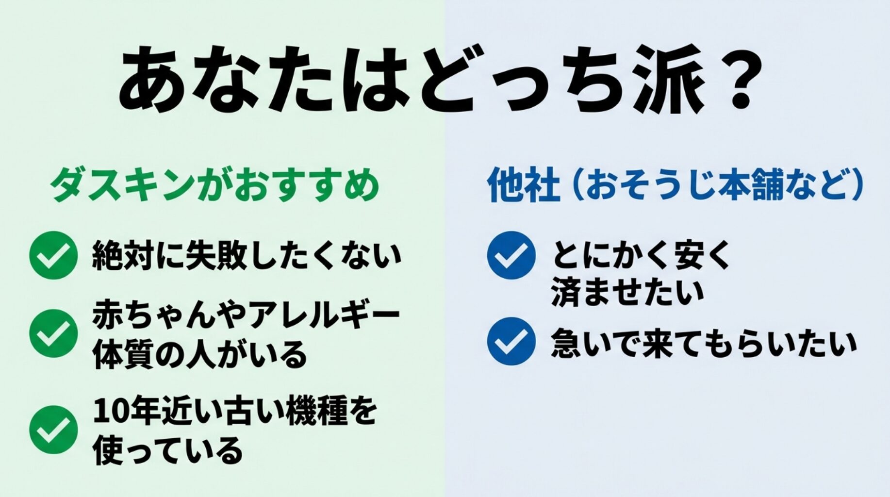 絶対に失敗したくない・アレルギーがある人はダスキン、とにかく安く済ませたい人は他社を選ぶべきという比較図