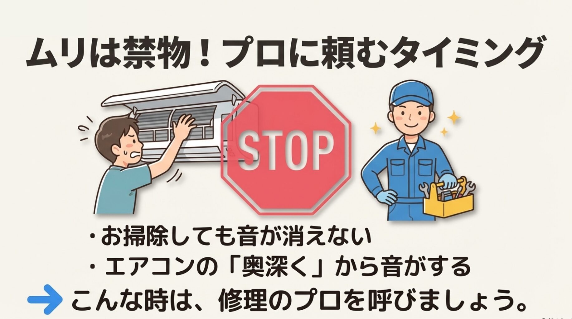 お掃除しても音が消えない場合や、エアコンの奥深くから音がする場合は無理をせず修理のプロを呼びましょうと促す、ストップマークと作業員のイラストスライド