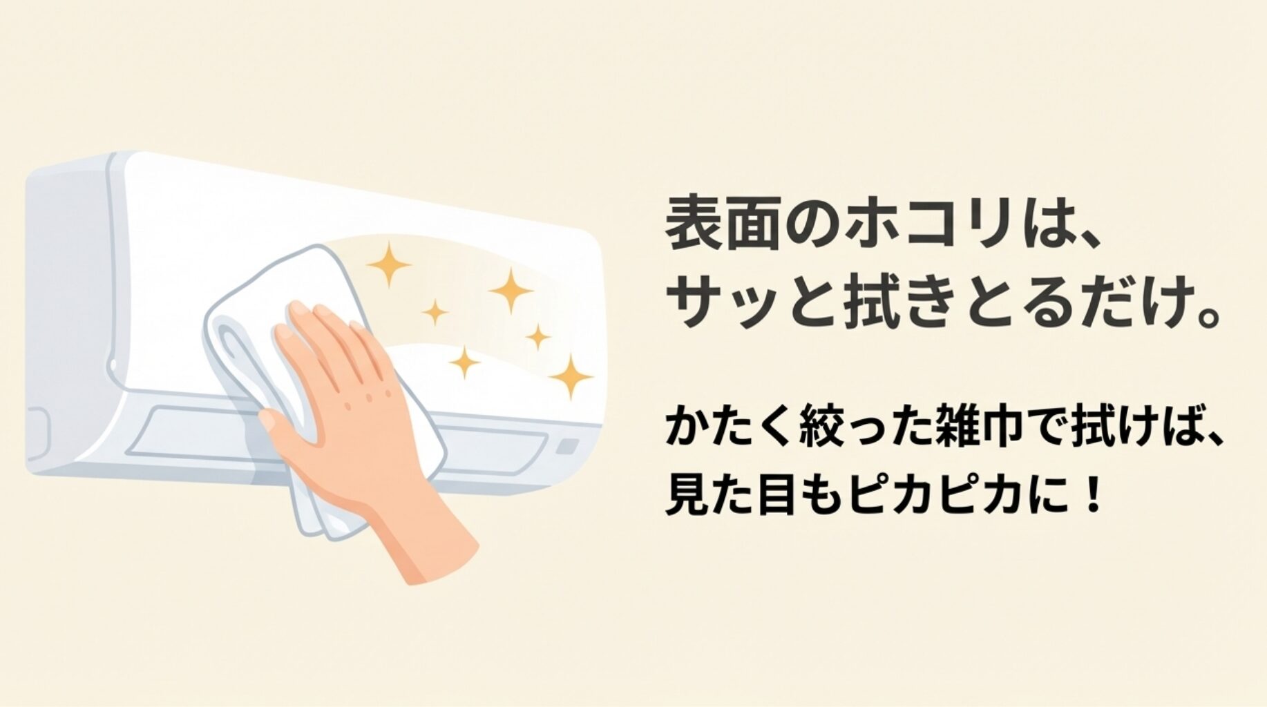 表面のホコリはかたく絞った雑巾でサッと拭き取るだけで見た目もピカピカになると説明するスライド