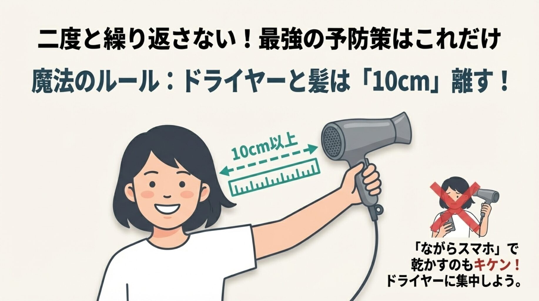 ドライヤーと髪を10cm以上離すこと、スマートフォンの操作をしながら乾かさないことを推奨する予防ルールのイラスト。