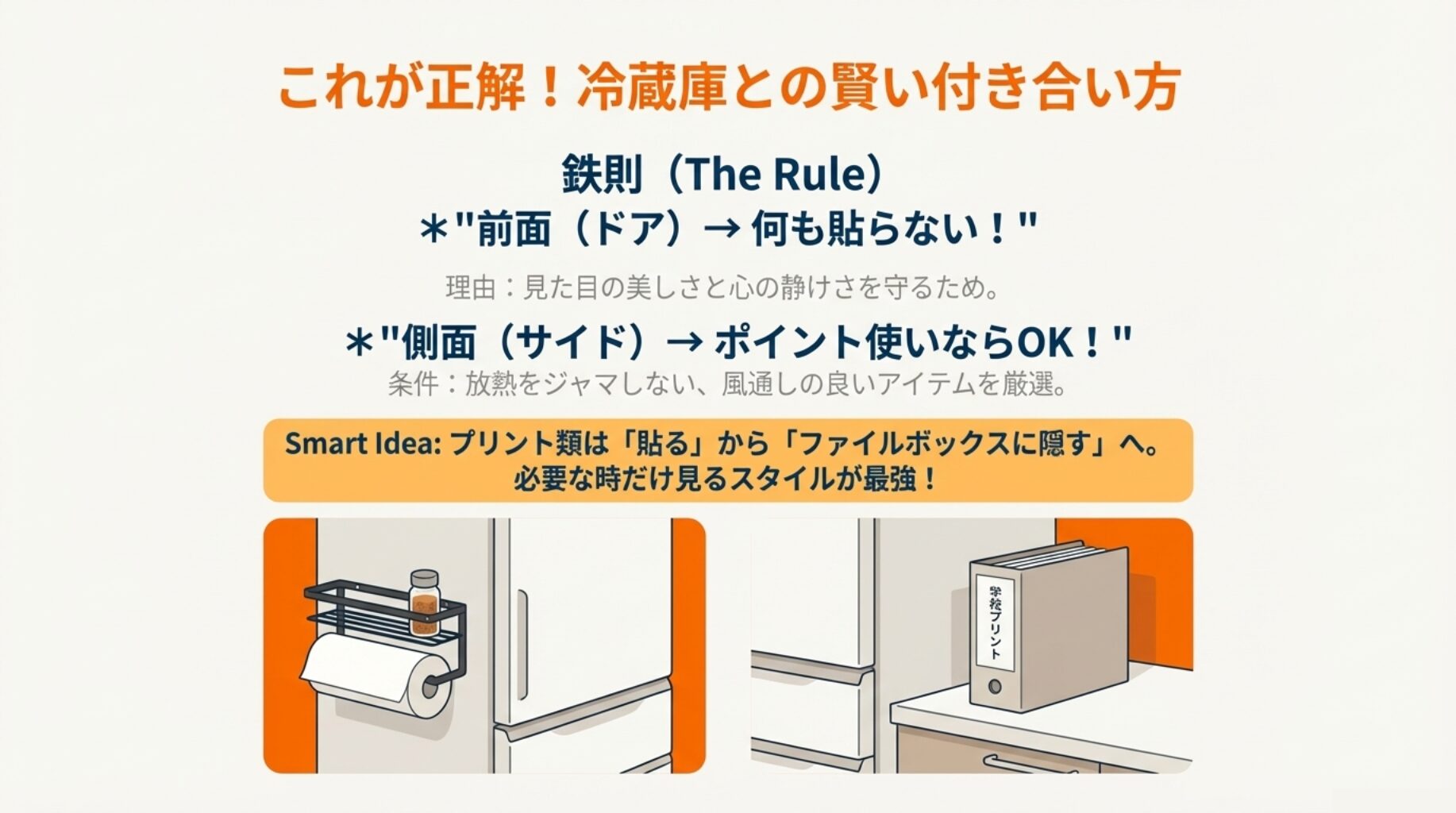 側面の放熱を妨げないシンプルなラックの使用例と、プリント類をファイルボックスにまとめて視界から隠す整理整頓の正解例。