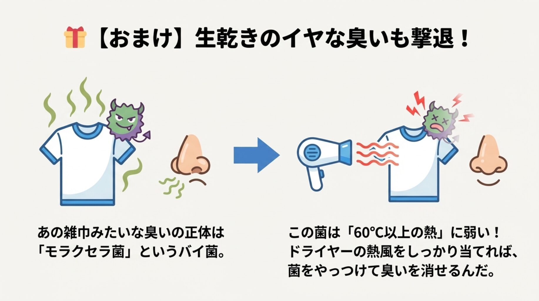 生乾き臭の原因であるモラクセラ菌は熱に弱く、ドライヤーの熱風を当てることで殺菌・消臭できるメカニズムの解説図。