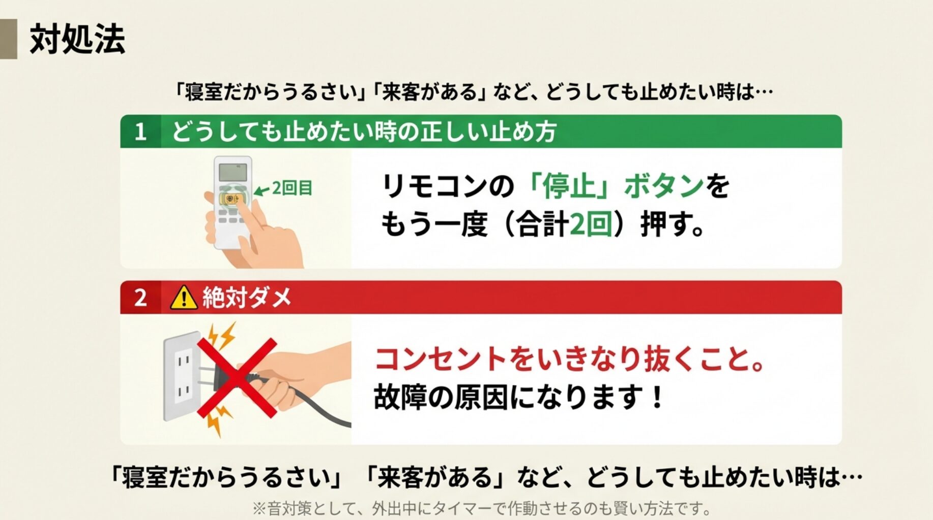 リモコンを2回押す正しい停止手順と、故障の原因となるコンセント抜去を禁止するイラストスライド。