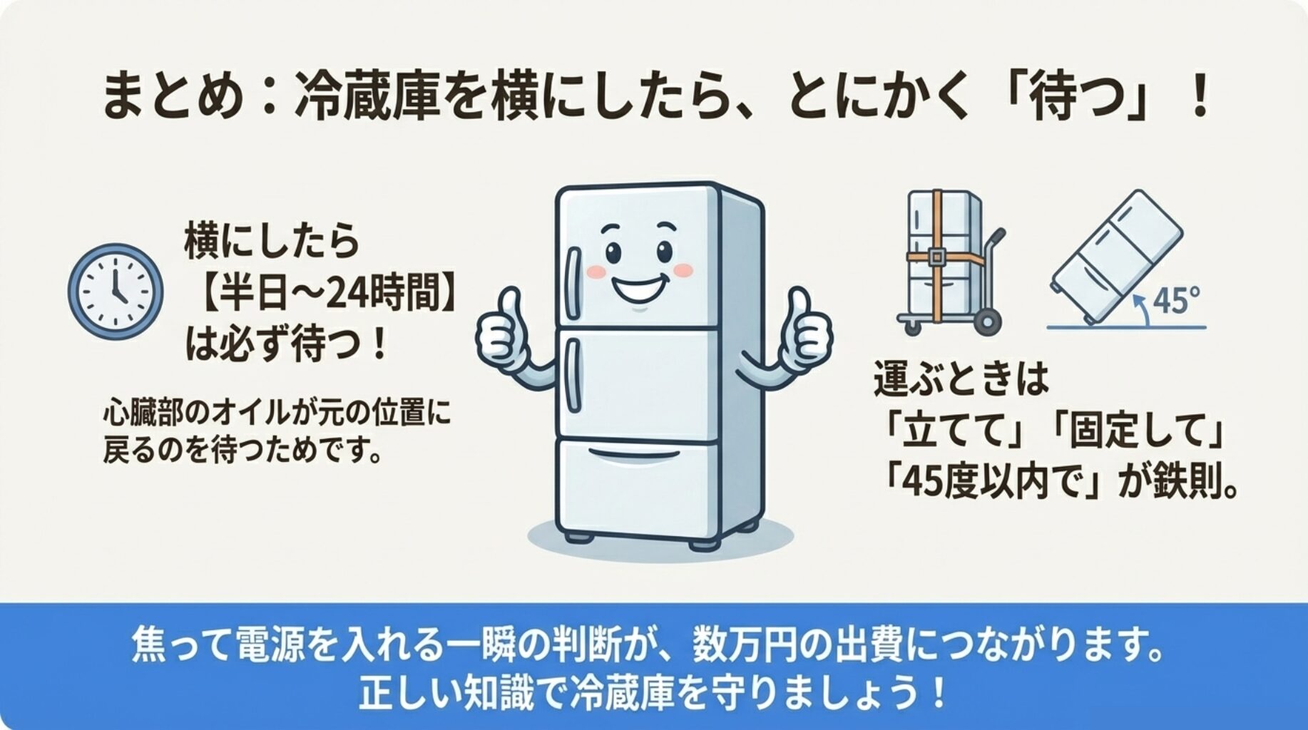 「半日〜24時間待つ」「45度以内で運ぶ」という重要ポイントを再確認する、笑顔の冷蔵庫のイラスト。