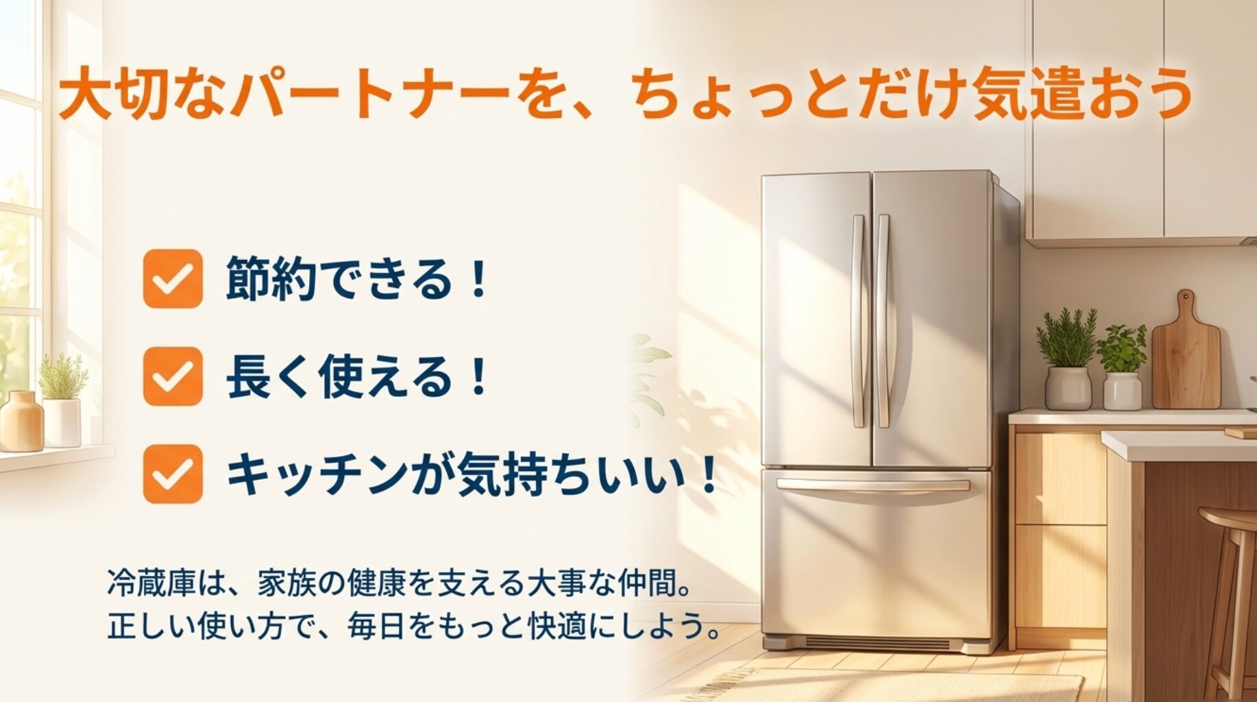 「大切なパートナーを、ちょっとだけ気遣おう」というメッセージ画像。正しい使い方をすることで「節約できる」「長く使える」「キッチンが気持ちいい」という3つのメリットが得られることを図解している。