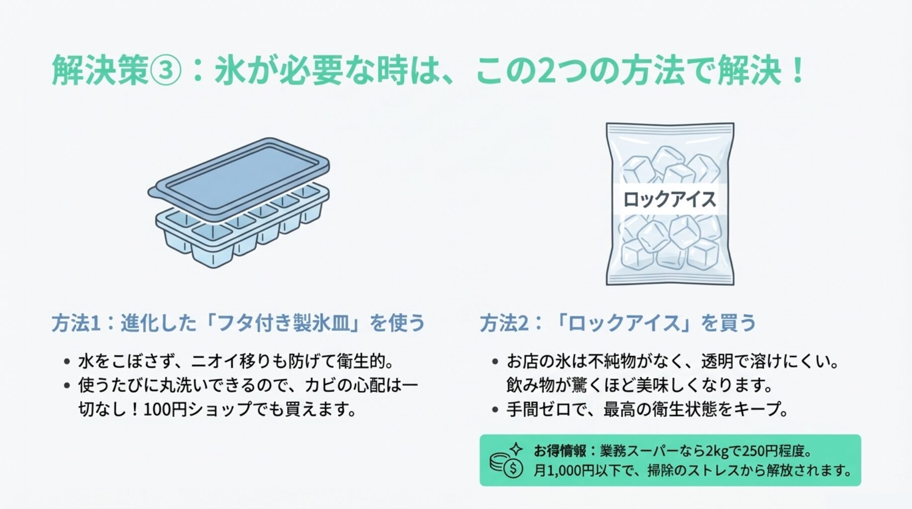衛生的な「フタ付き製氷皿」のイラストと、市販の「ロックアイス」のパッケージイラスト。氷が必要な時の解決策として、掃除の手間がなく衛生的であることを紹介しているスライド。