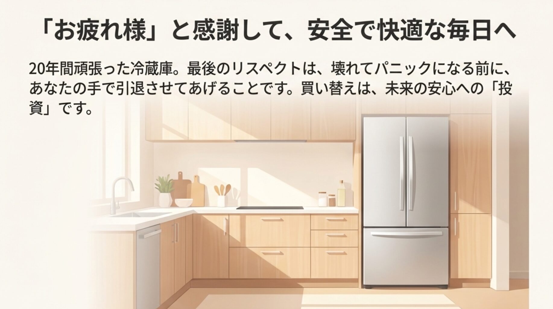 20年間頑張った冷蔵庫に感謝を込めて安全に引退させることを促すメッセージ画像