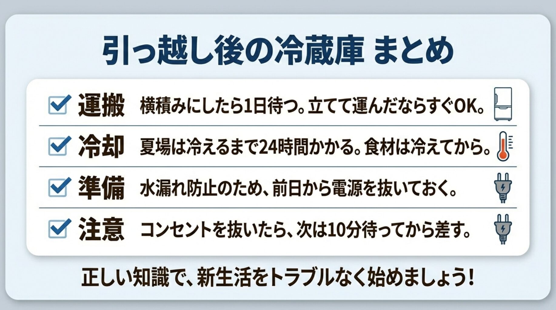 運搬後の待機時間、冷却時間、事前の水抜き準備、コンセントの抜き差しルールをまとめたチェックリスト。