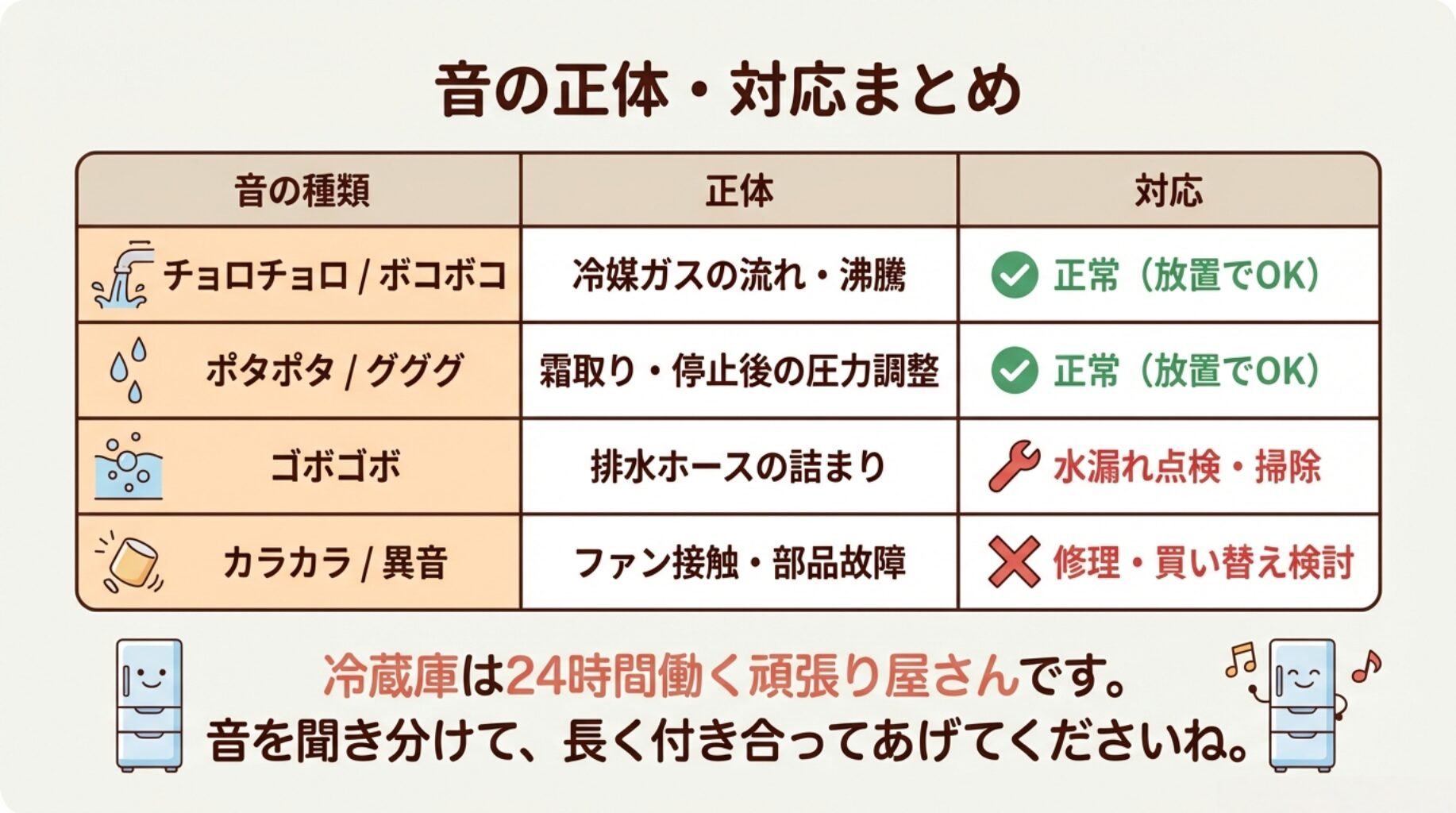 音の種類ごとに、その正体と対応（正常か修理が必要か）をまとめた一覧表と、「長く付き合ってあげてくださいね」というメッセージ。