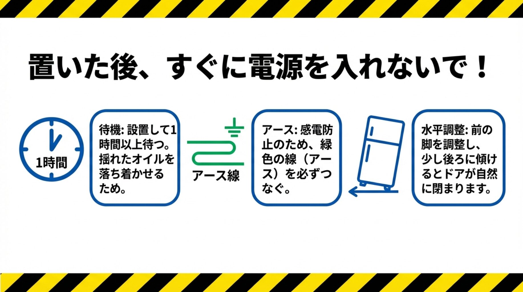 設置後はオイルが安定するまで1時間待つ。感電防止のためアース線を必ずつなぐこと。