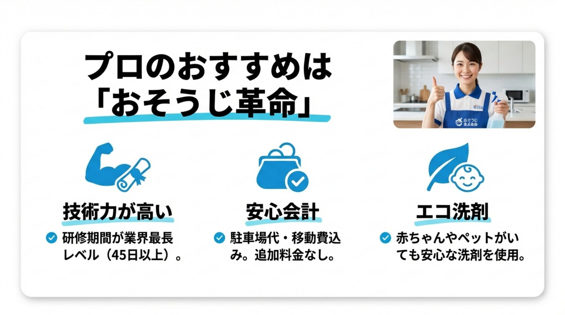 技術力の高さ、安心会計、エコ洗剤の使用というおそうじ革命の3つのメリットを示した図