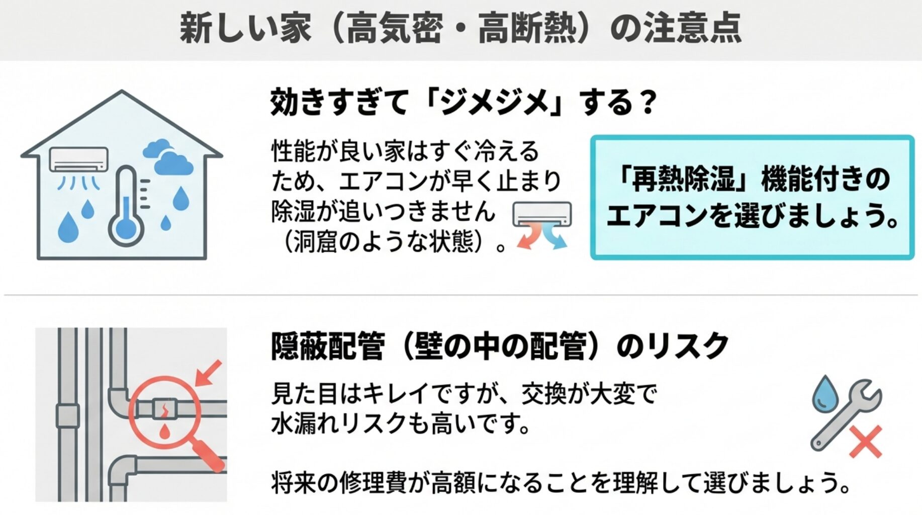 家が冷えすぎて除湿が追いつかない「洞窟現象」への注意と、壁の中に配管を埋める隠蔽配管の水漏れ・交換困難リスクを示すイラスト。