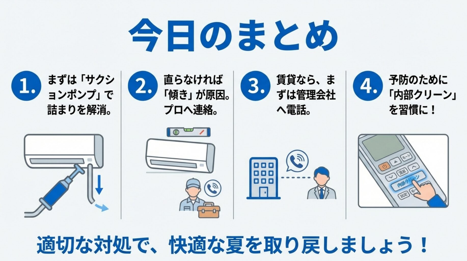 ポンプでの詰まり解消、傾きの確認、管理会社への連絡、内部クリーンによる予防の4ステップまとめ