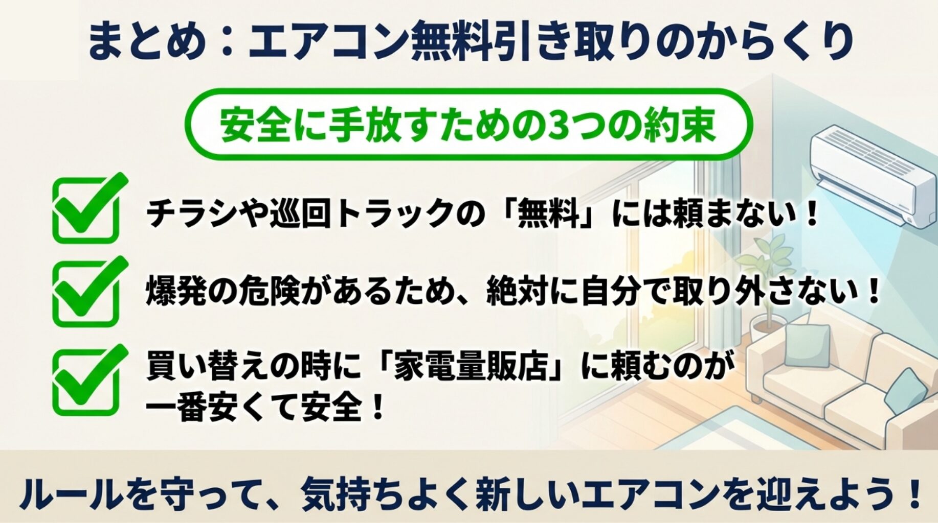 無料回収トラックには頼まない 、自分で取り外さない 、家電量販店に頼む 、という安全に手放すための3つの約束をまとめたスライド