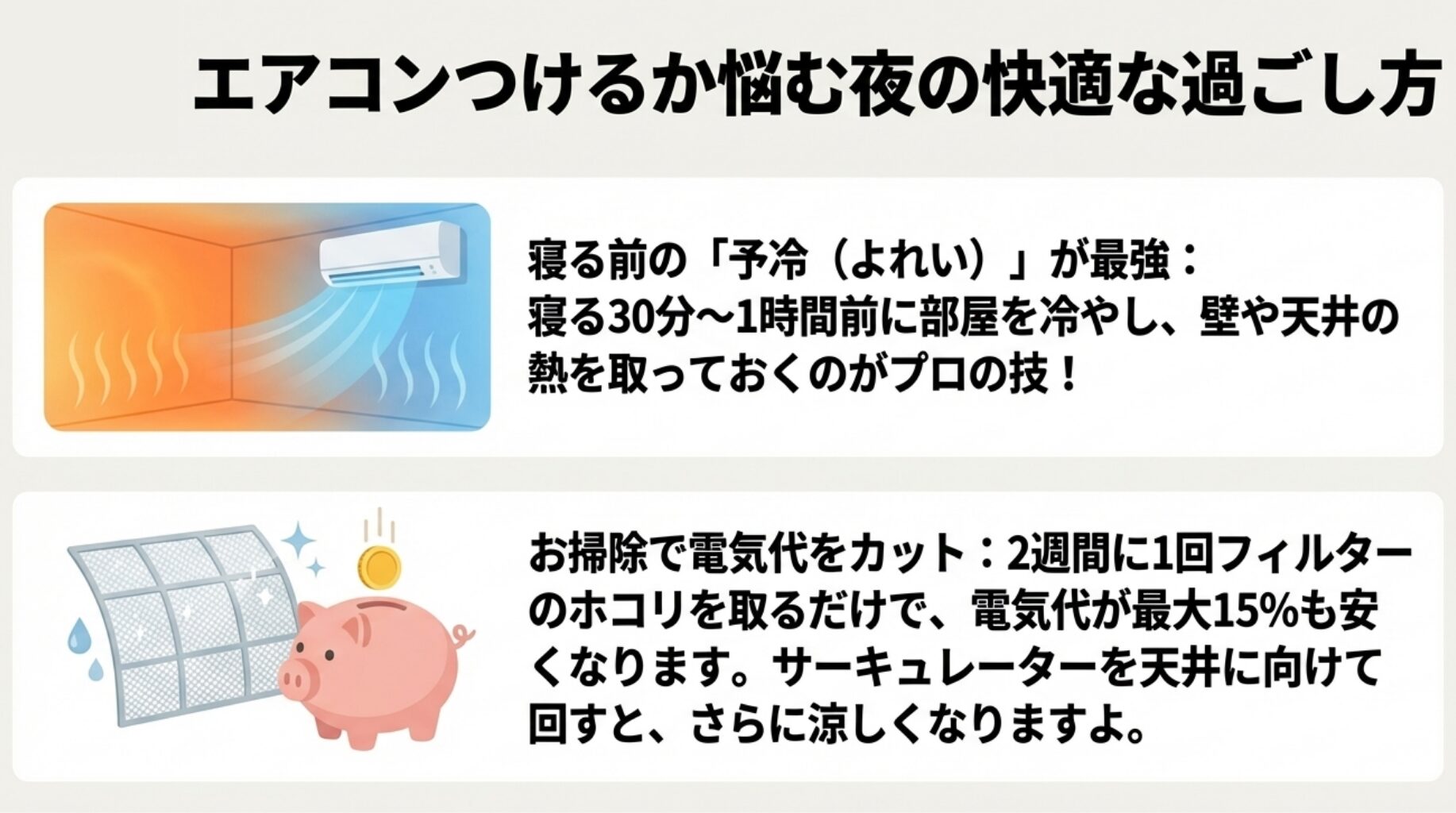 寝る前の予冷と、定期的なフィルター掃除による電気代カットのコツを解説するスライド