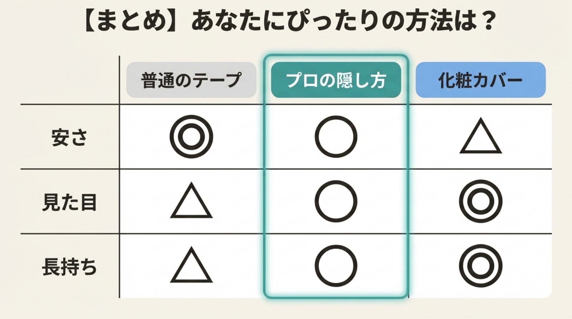 「普通のテープ」「プロの隠し方」「化粧カバー」の3つの方法について、「安さ」「見た目」「長持ち」の観点から比較するためのまとめ表の画像。