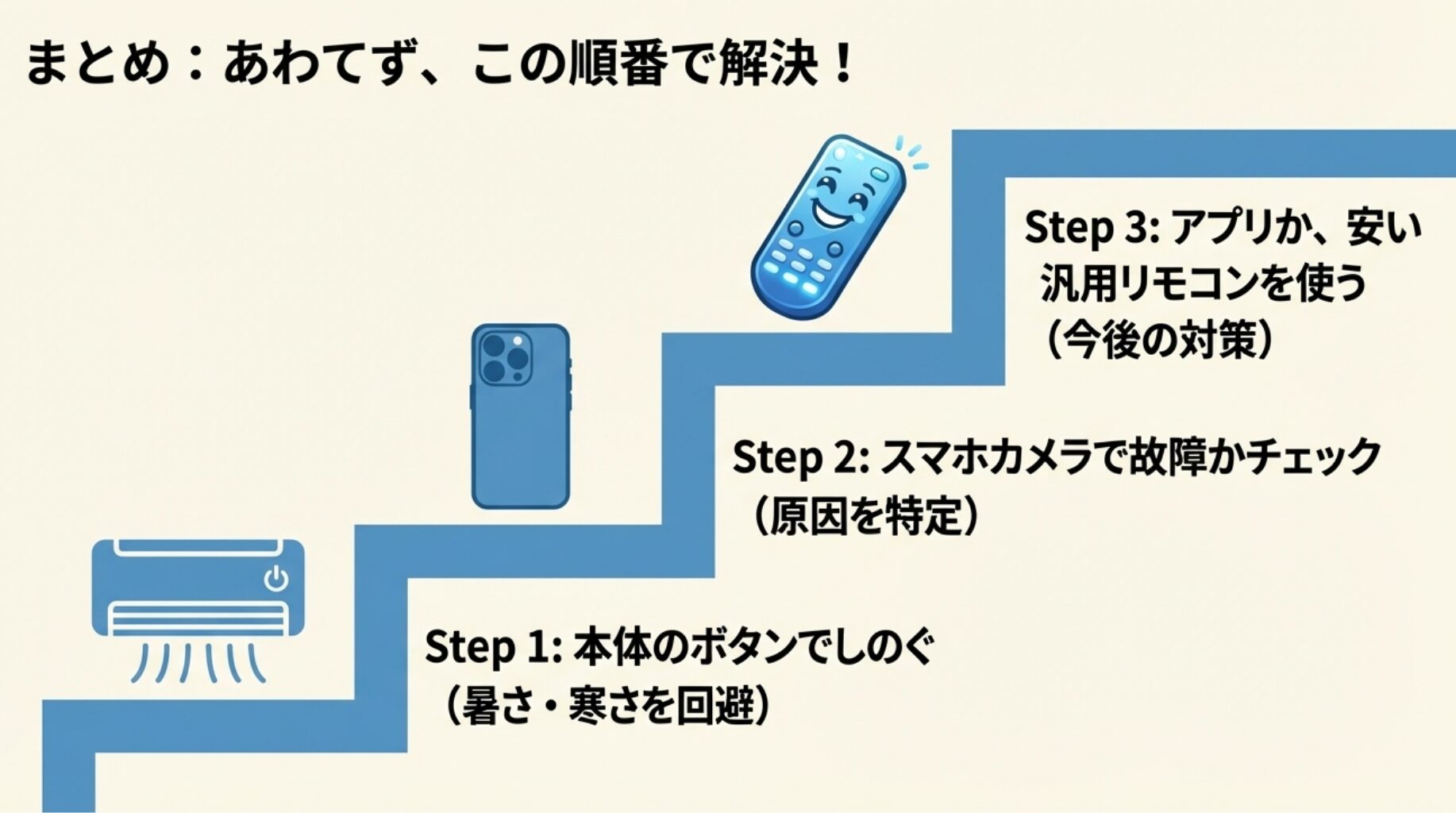 あわてず順番に解決するためのまとめ 。Step 1として本体のボタンでしのぐ（暑さ・寒さを回避）、Step 2としてスマホカメラで故障かチェック（原因を特定）、Step 3としてアプリか安い汎用リモコンを使う（今後の対策）という手順 。