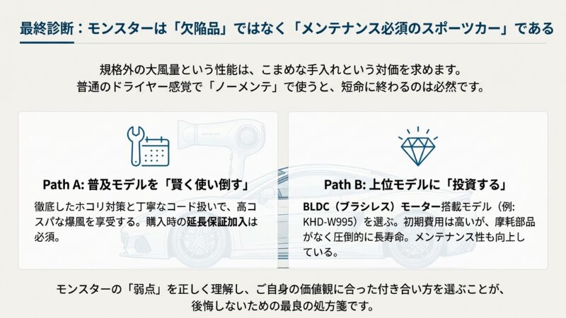 モンスターを「メンテナンス必須のスポーツカー」に例えた結論スライド。普及モデルを賢く使い倒すか、上位モデルに投資するかの2つの選択肢が提示されている。