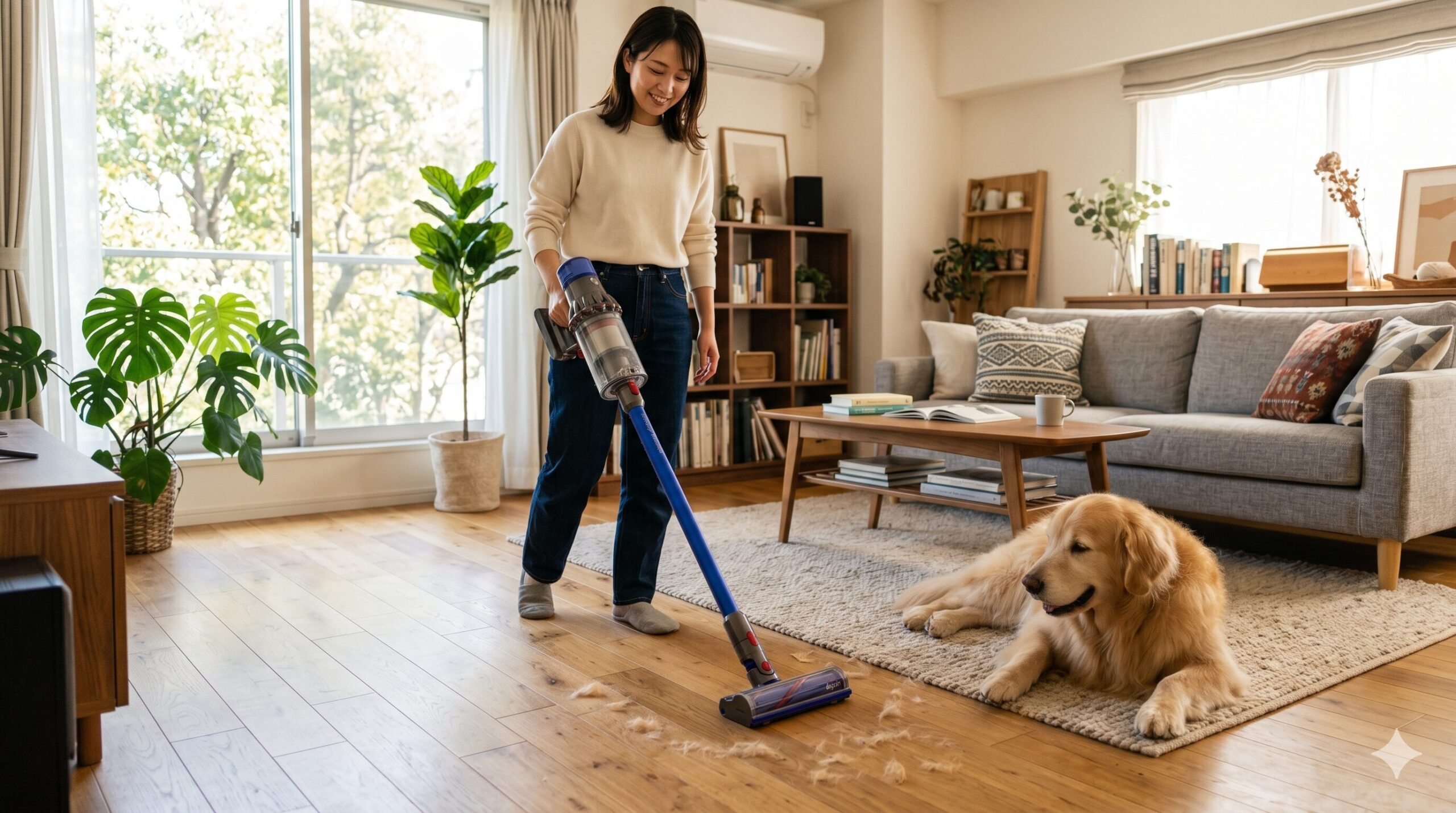 大型犬がいるリビングでコードレス掃除機をかける日本人女性
