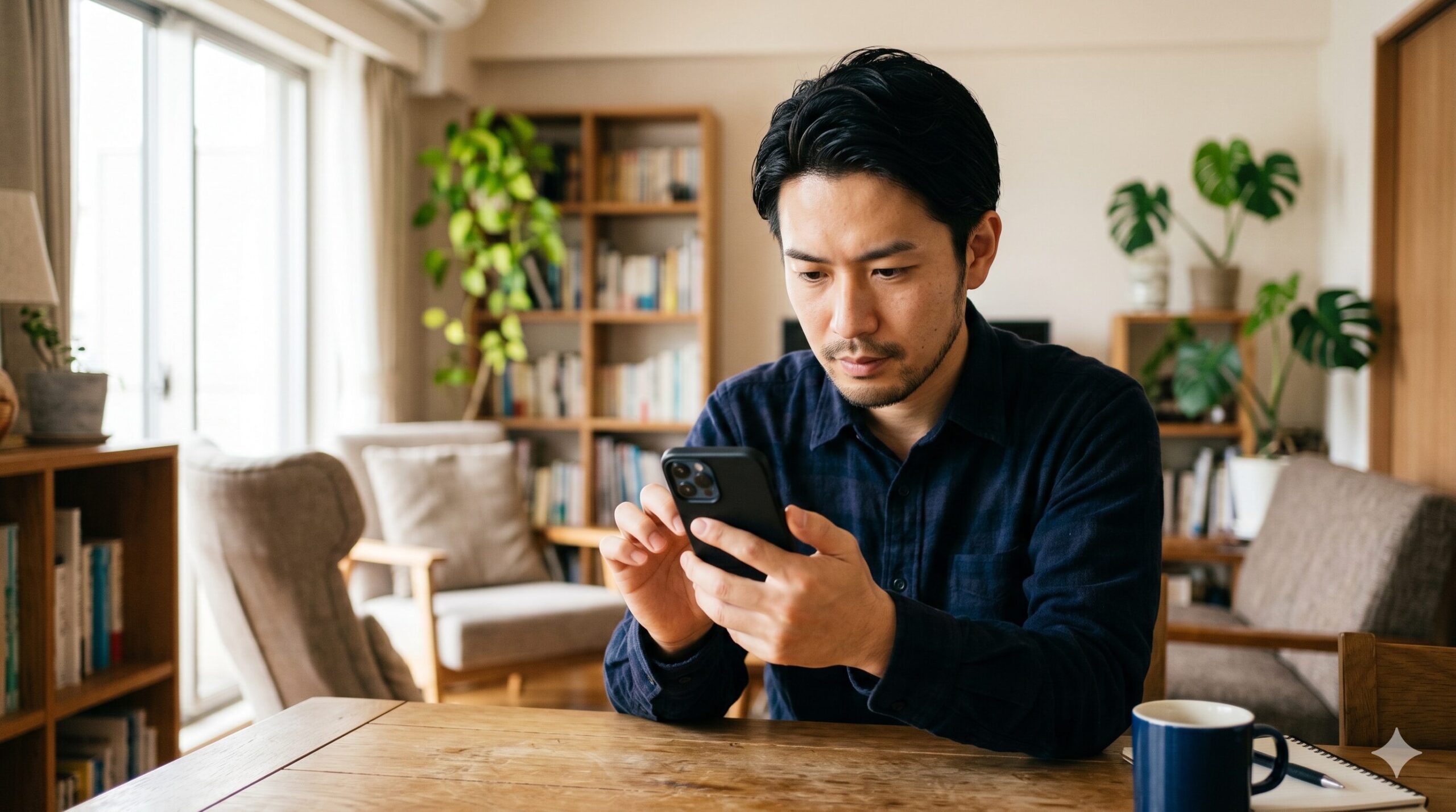 スマートフォンで掃除機のPa・kPa表示を確認している男性