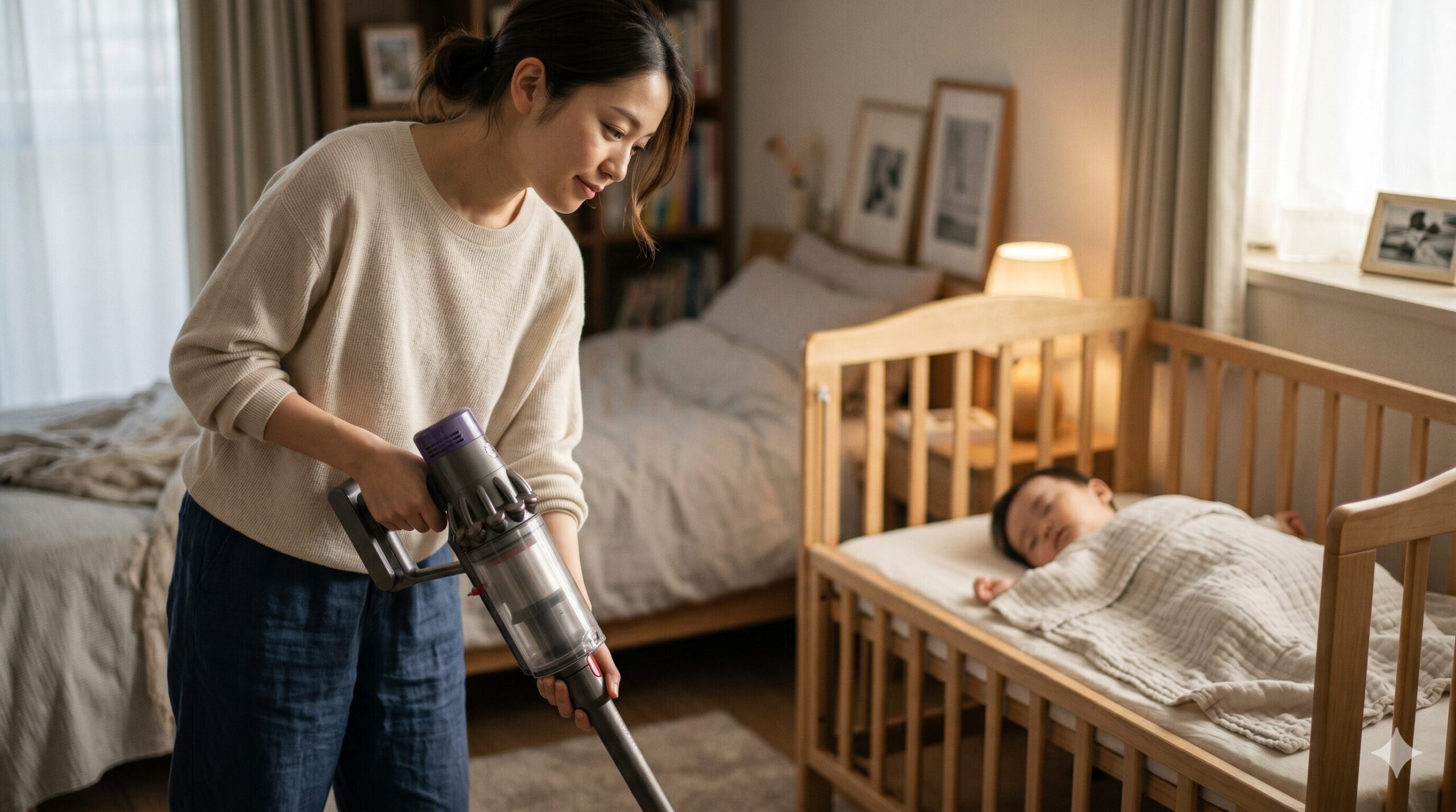 赤ちゃんが眠る部屋で静かに掃除機をかける日本人女性