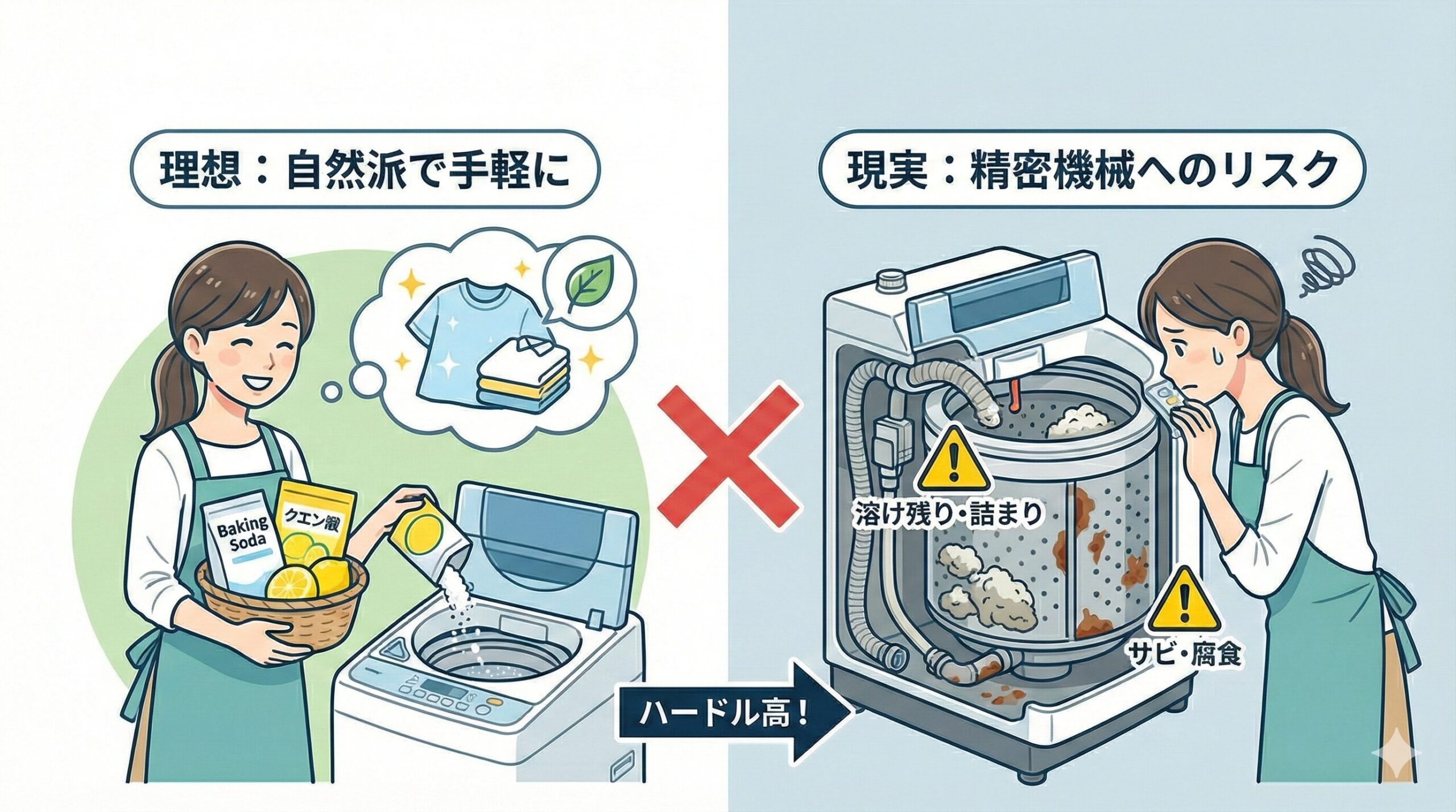 重曹やクエン酸を使った洗濯槽掃除の理想イメージと、実際に起こりうる詰まりやサビなどの故障リスクを比較対照したイラスト。