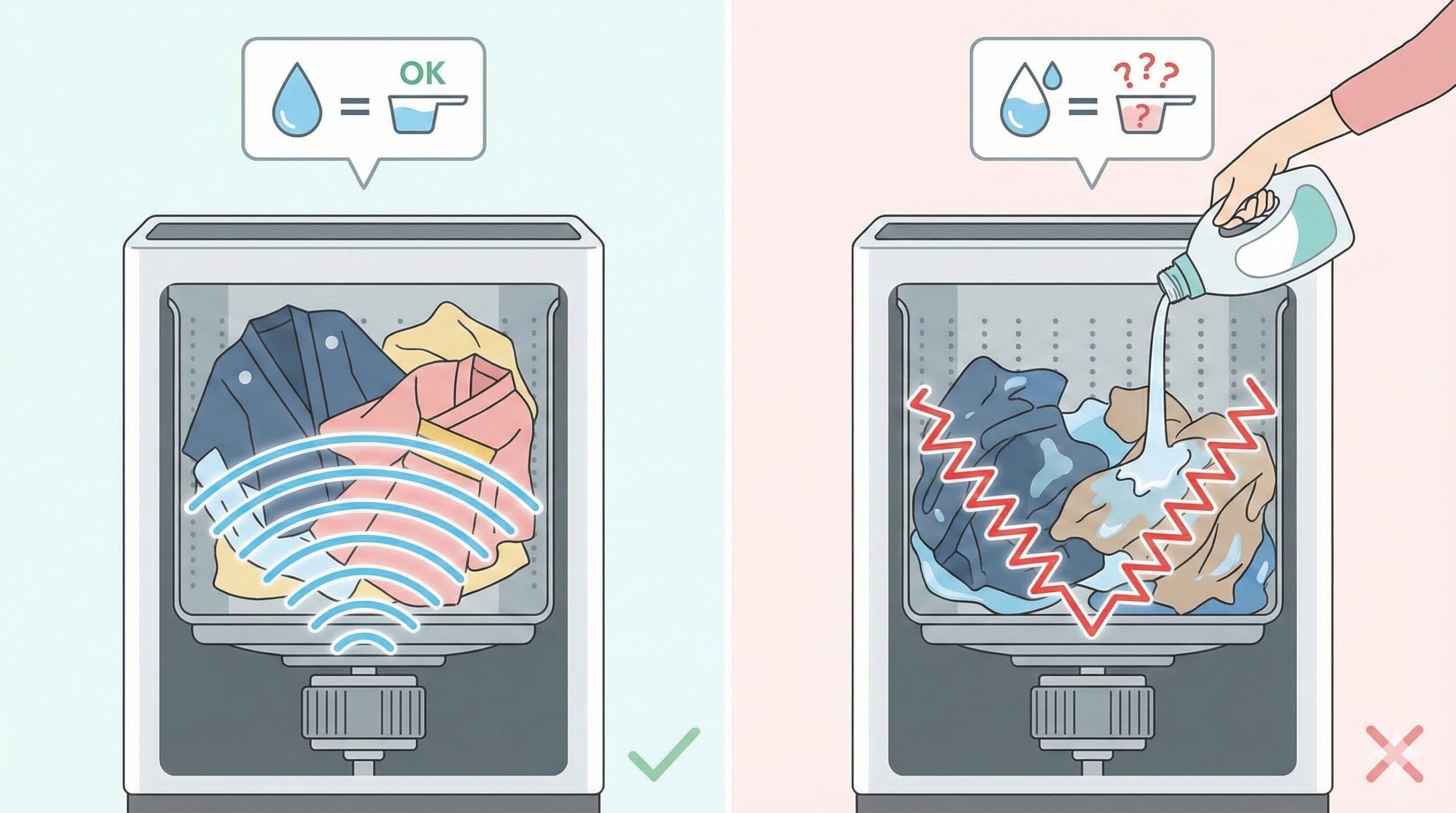 洗濯機のセンサー検知における洗剤投入のタイミング比較図解。左側はセンサー検知後に洗剤投入がOKな状態、右側は洗剤を先に投入したことでセンサー検知が狂っている状態を示す。