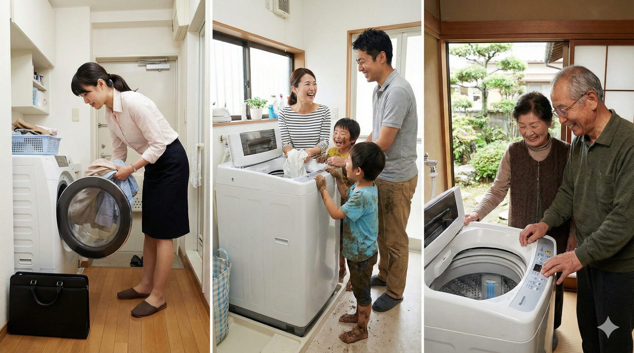 一人暮らし、子育て家族、シニア夫婦など、それぞれのライフスタイルに合わせた洗濯機選びの様子