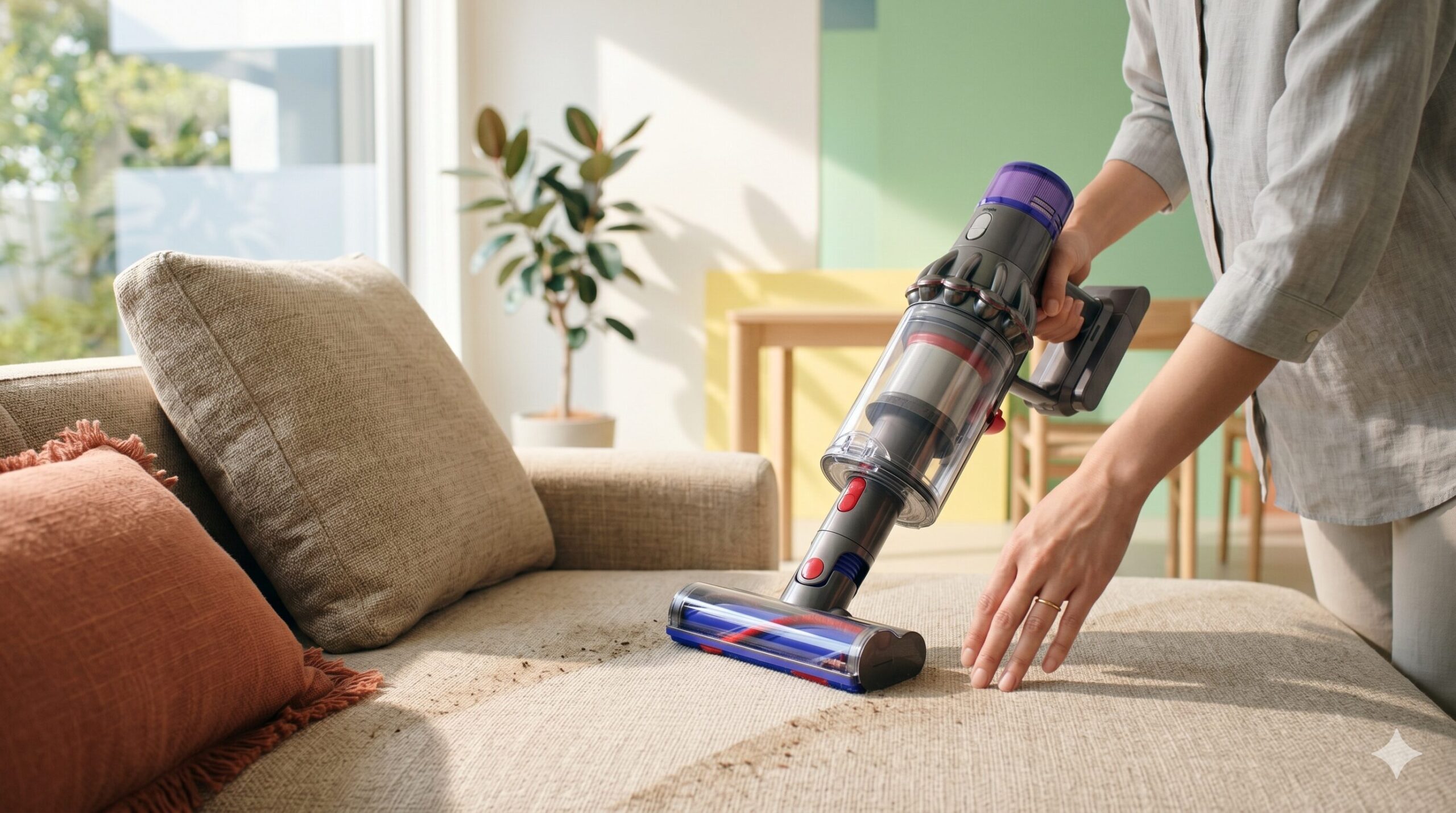 ブラシノズルで布ソファに掃除機をかける手順、縦方向にゆっくり動かす