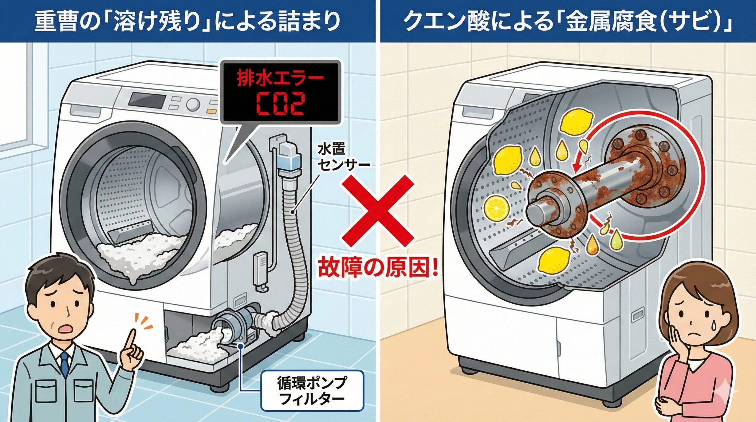 重曹による排水詰まりとクエン酸による金属部品の腐食を示す洗濯機の故障イラスト。