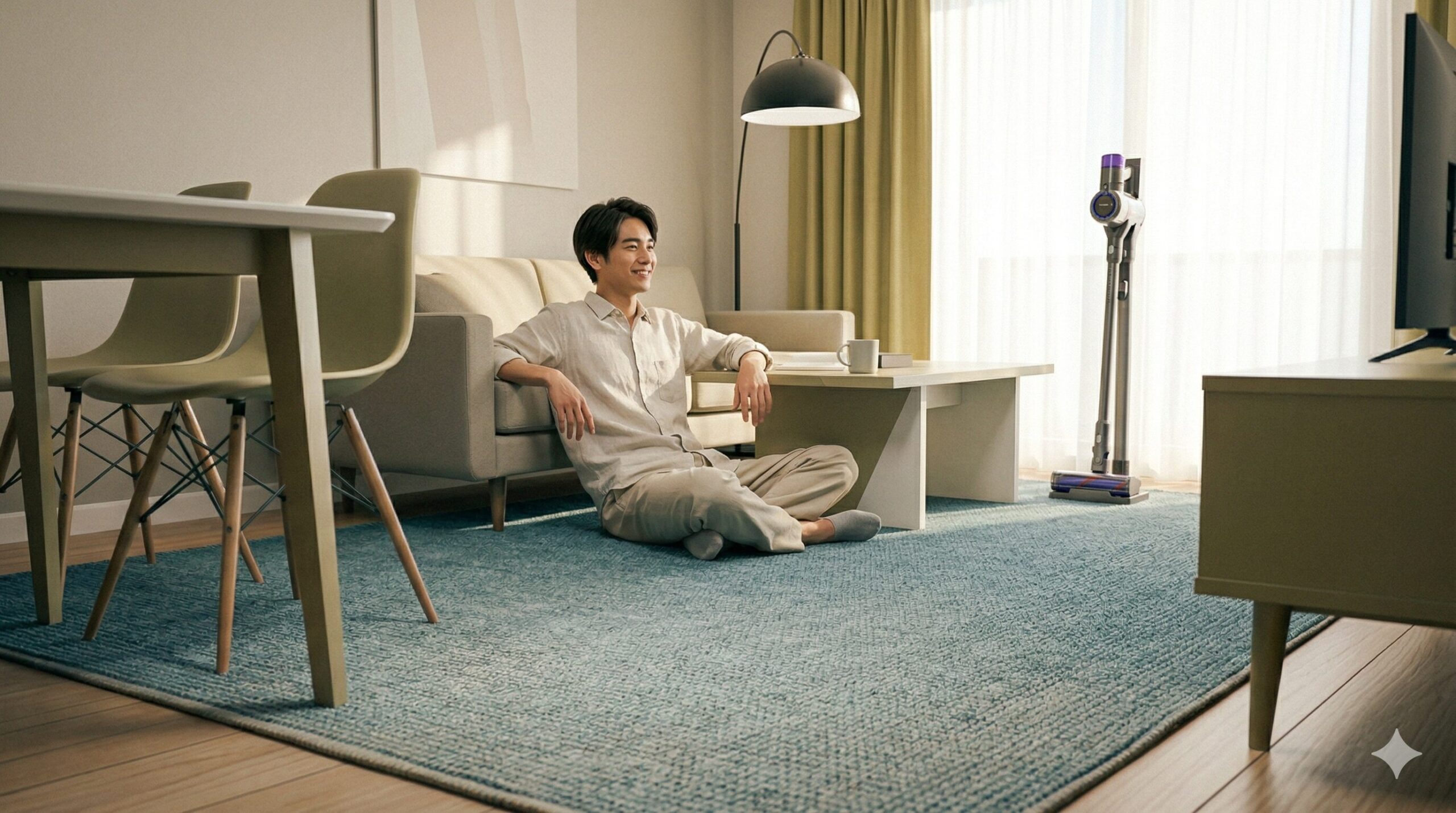 清潔な一人暮らしの部屋でくつろぐ男性と壁際のコードレス掃除機