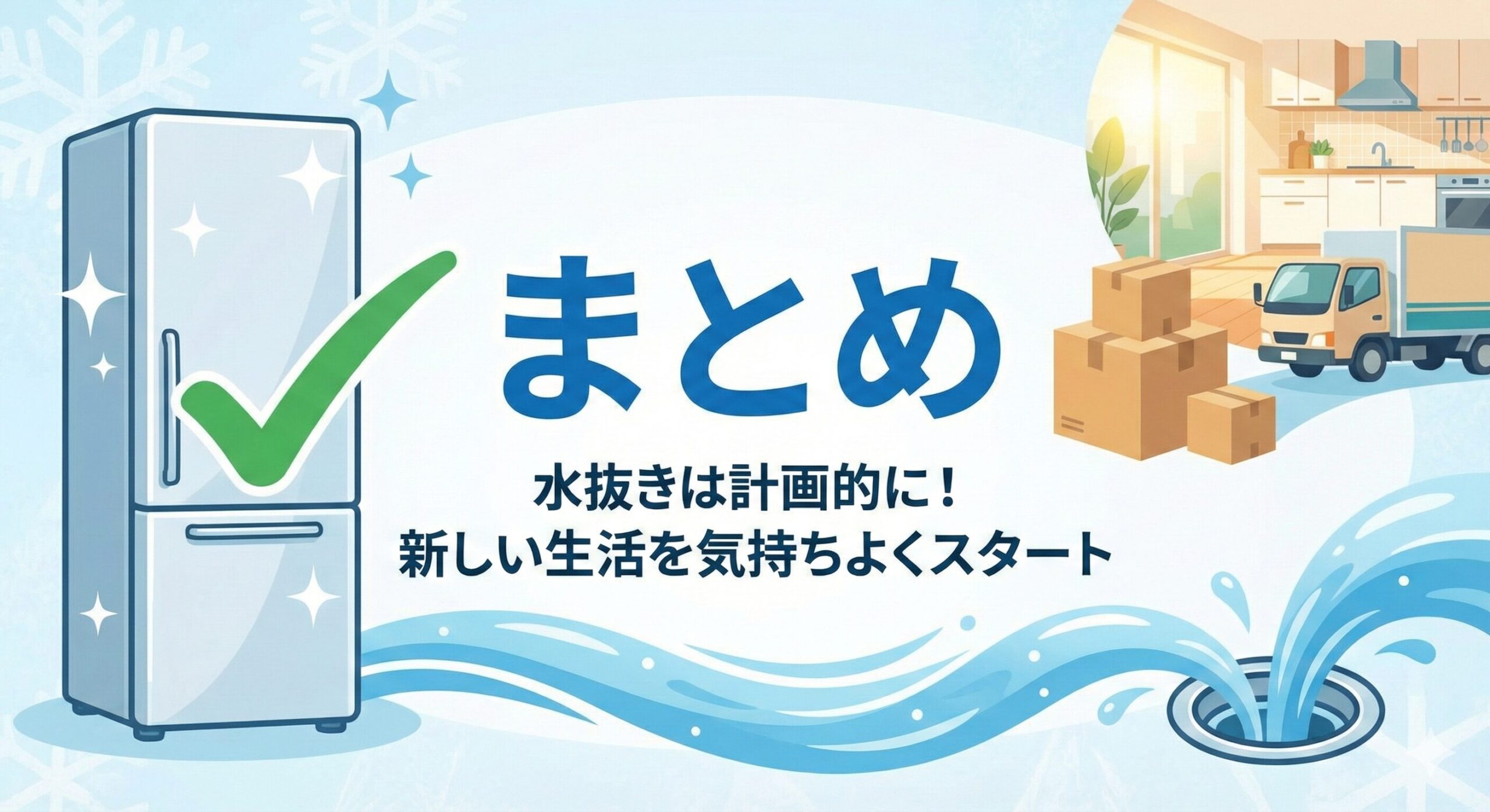 記事のまとめ見出し。「まとめ：水抜きは計画的に！新しい生活を気持ちよくスタート」というメッセージと共に、水抜きが完了した清潔な冷蔵庫、引越しの荷物とトラック、スムーズに排水される様子を描いたイラスト。