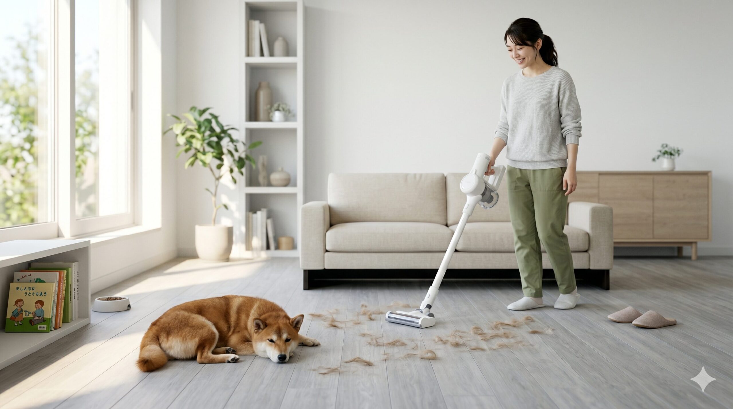 犬を飼っている日本の家庭でアジア系女性がコードレス掃除機でペットの毛を掃除している日常シーン