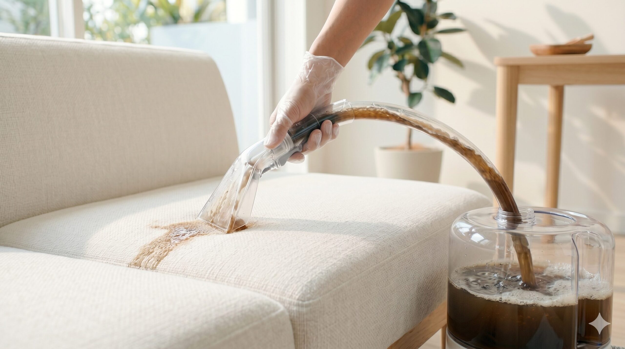 リンサークリーナーでファブリックソファのシミ汚れを水洗い除去している