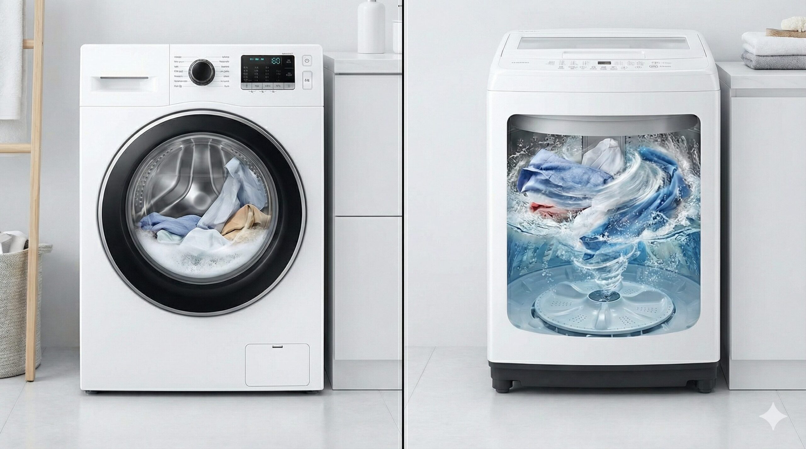 左：ドラム式洗濯機のたたき洗い、右：縦型洗濯機のもみ洗いの様子を比較した写真