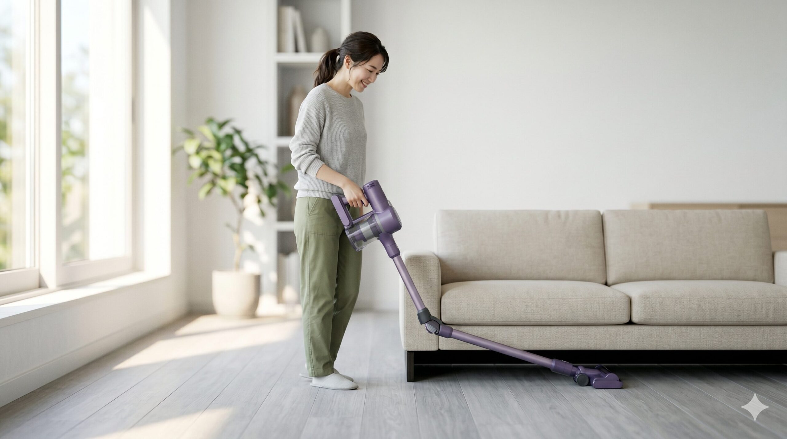 アジア系女性が立ったままソファの下をコードレス掃除機の曲がるパイプ機能で楽に掃除している様子