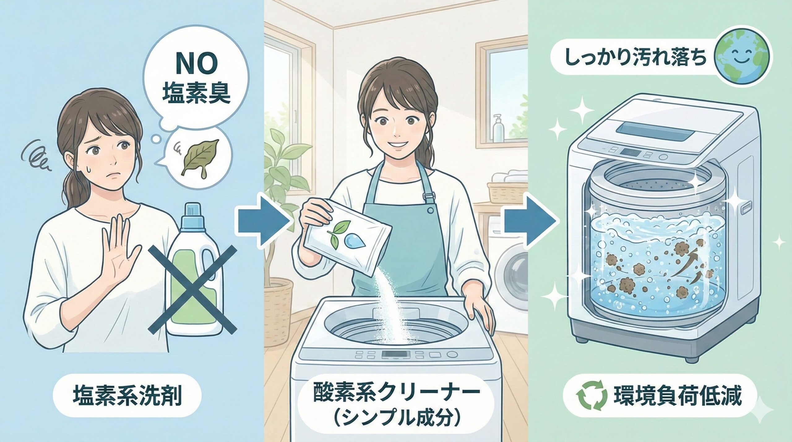 塩素系洗剤を避け、酸素系クリーナー（シンプル成分）を使って洗濯槽を洗浄する流れを示すインフォグラフィック。左端では塩素臭を嫌がる女性がバツ印のついた洗剤ボトルを拒否。中央で笑顔の女性が酸素系クリーナーを洗濯機に投入し、右端では発泡しながら汚れが落ちる洗濯槽と、地球環境への優しさを示すアイコンが描かれている。