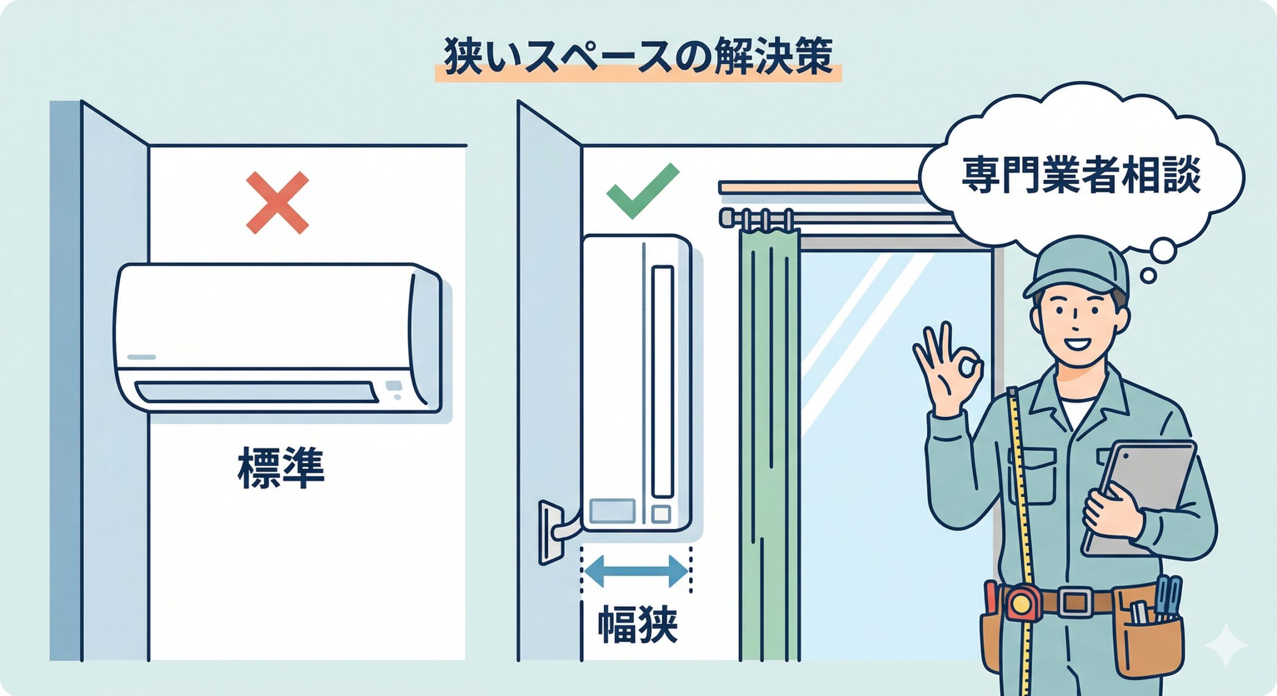 「狭いスペースの解決策」という見出しのイラスト画像。左側には標準サイズのエアコンがスペースに合わない様子（×印）、中央には幅の狭いエアコンが収まっている様子（✓印）、右側にはメジャーを持った作業着姿の専門業者が笑顔でOKサインを出し「専門業者相談」と提案している様子が描かれています。