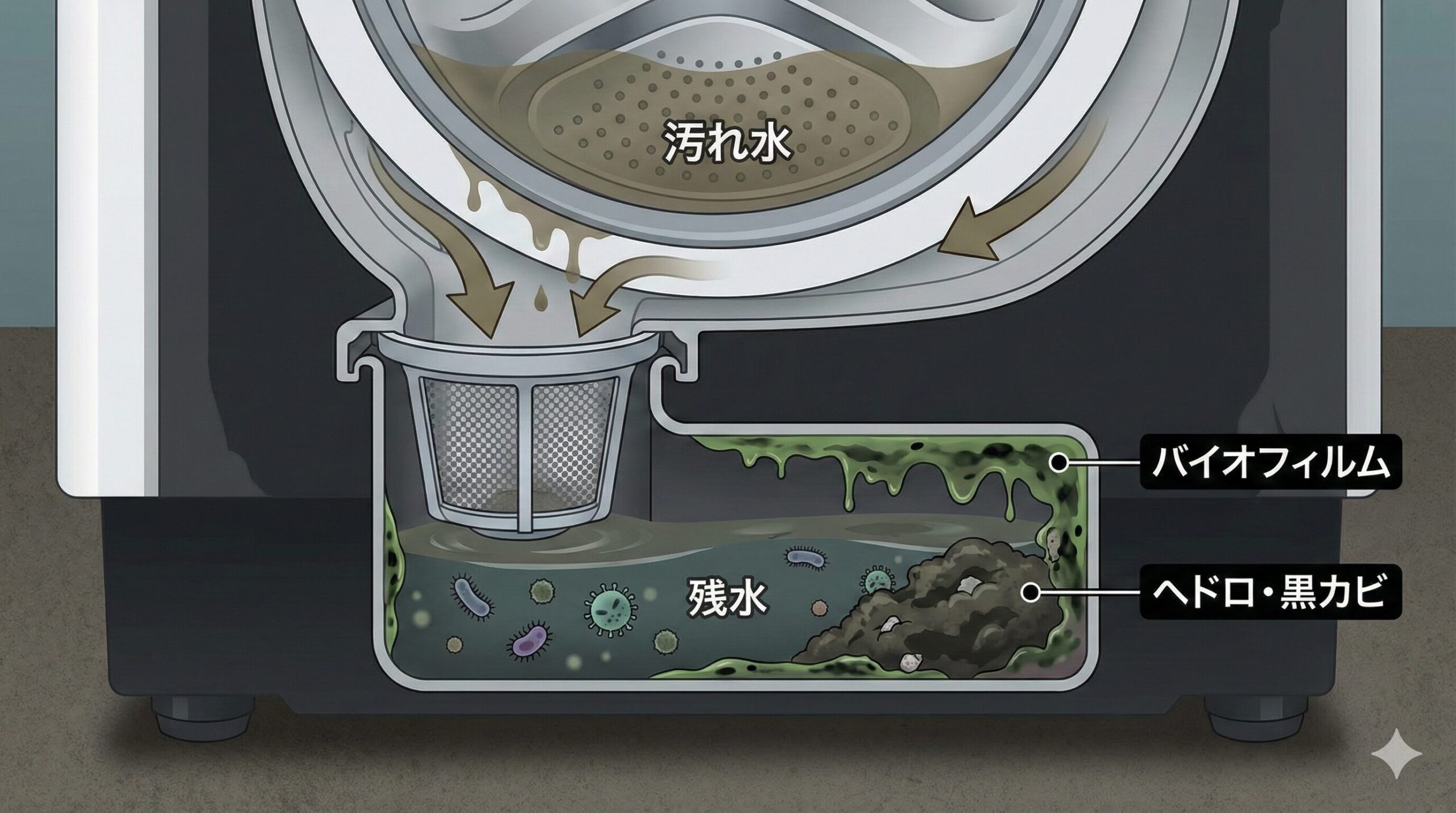 洗濯機の糸くずフィルター奥の構造と、残水が原因で発生するバイオフィルムやヘドロ・黒カビの図解。