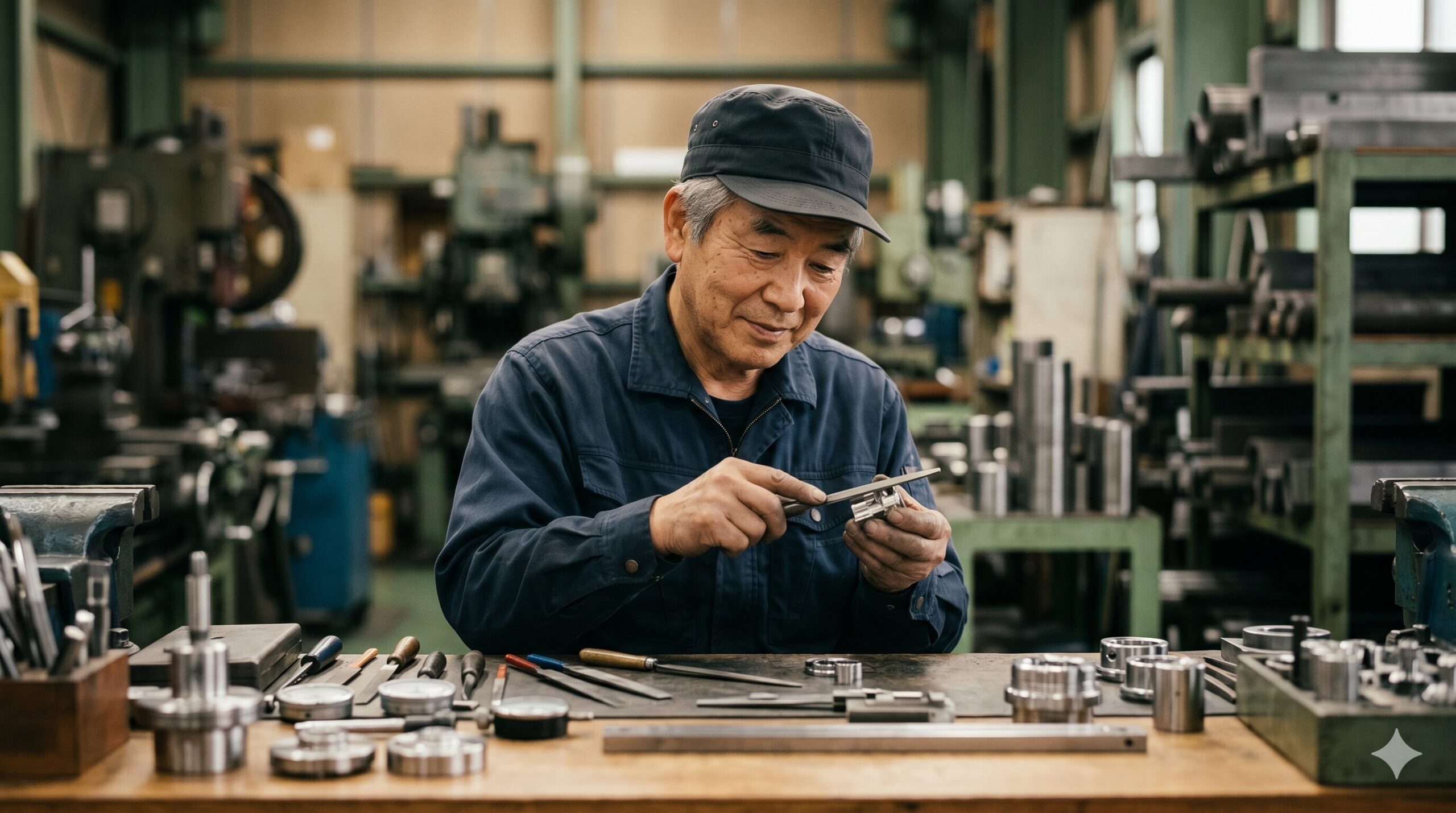 燕三条の金属加工工場で丁寧に作業する職人のイメージ
