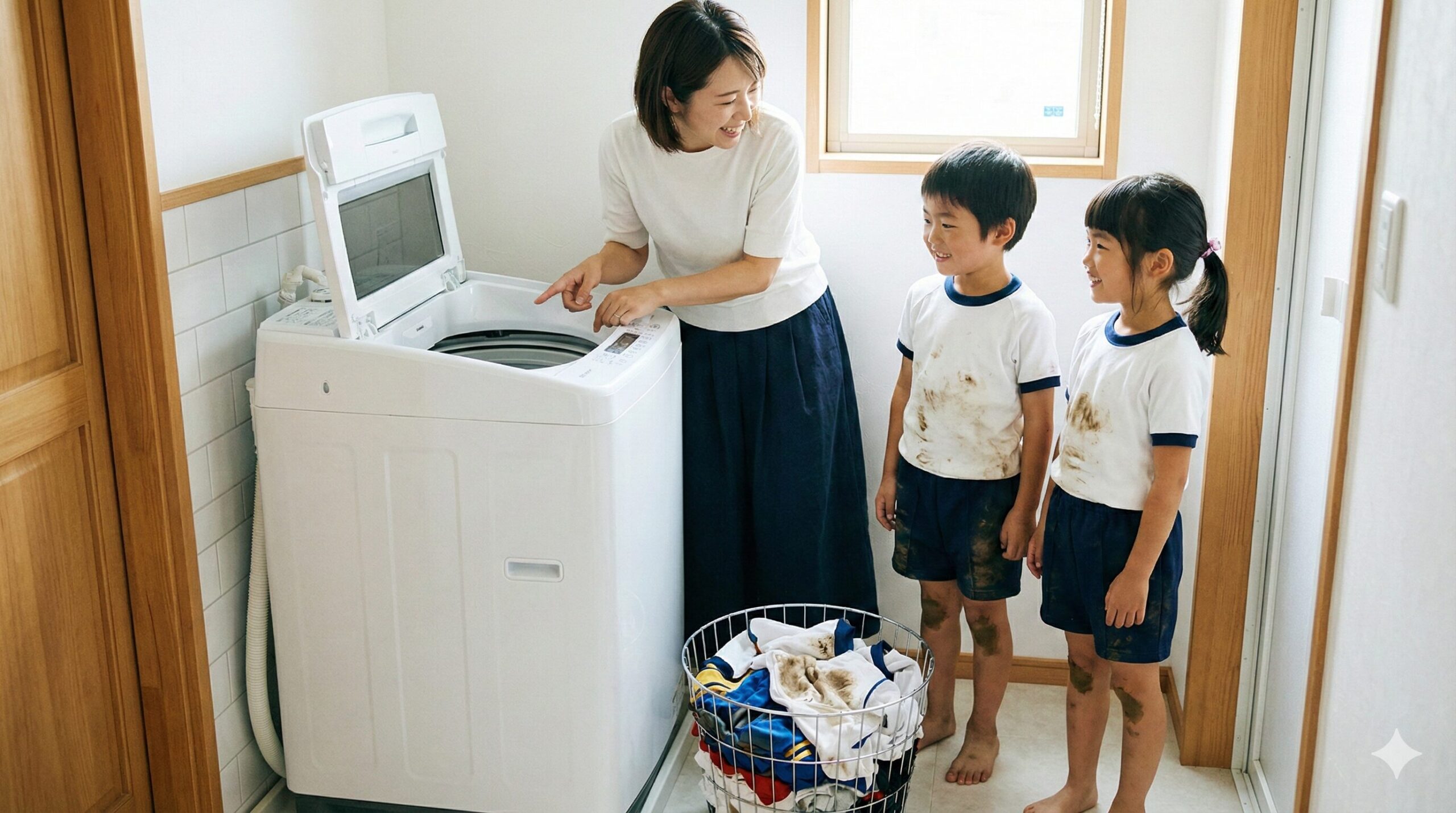 泥汚れのついた子供たちと、縦型洗濯機の前で話す日本人母
